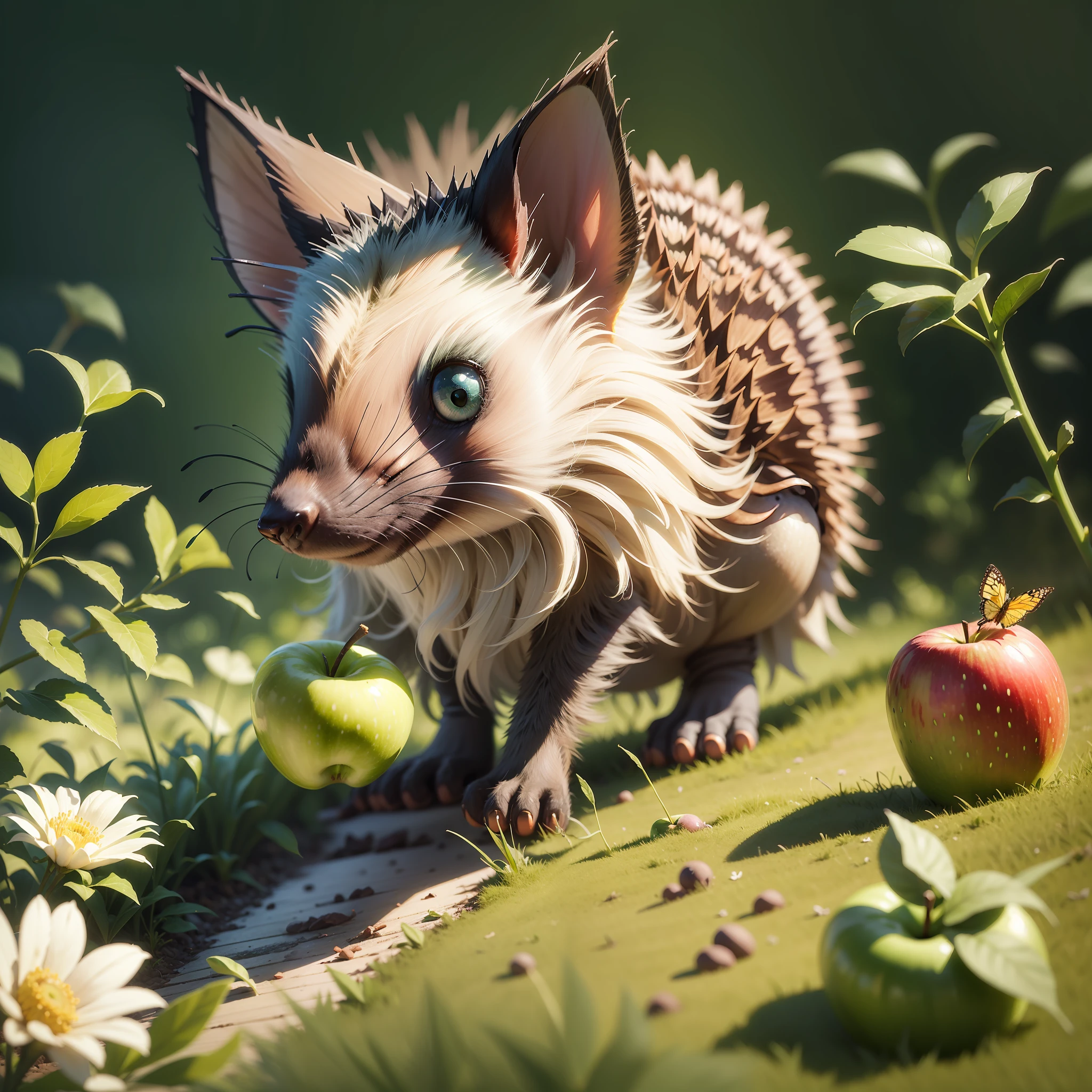 a green apple and flowers at the bottom, a hedgehog crawls over an apple and sniffs a butterfly --auto --s2