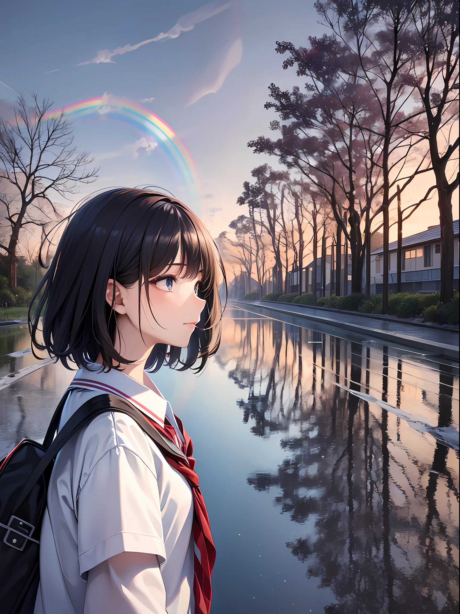 a female and a male, they are two students, wearing school uniform, lonely, rainny, around school, trees are beside the road, poddle of water reflectiing these two people, reflecting, a rainbow is on the sky, polar opposites, symmetry, panorama, perspective, ray tracing, reflection light, depth of field, close-up, masterpiece, best quality, high details, high quality, textured skin, ccurate, UHD, HD