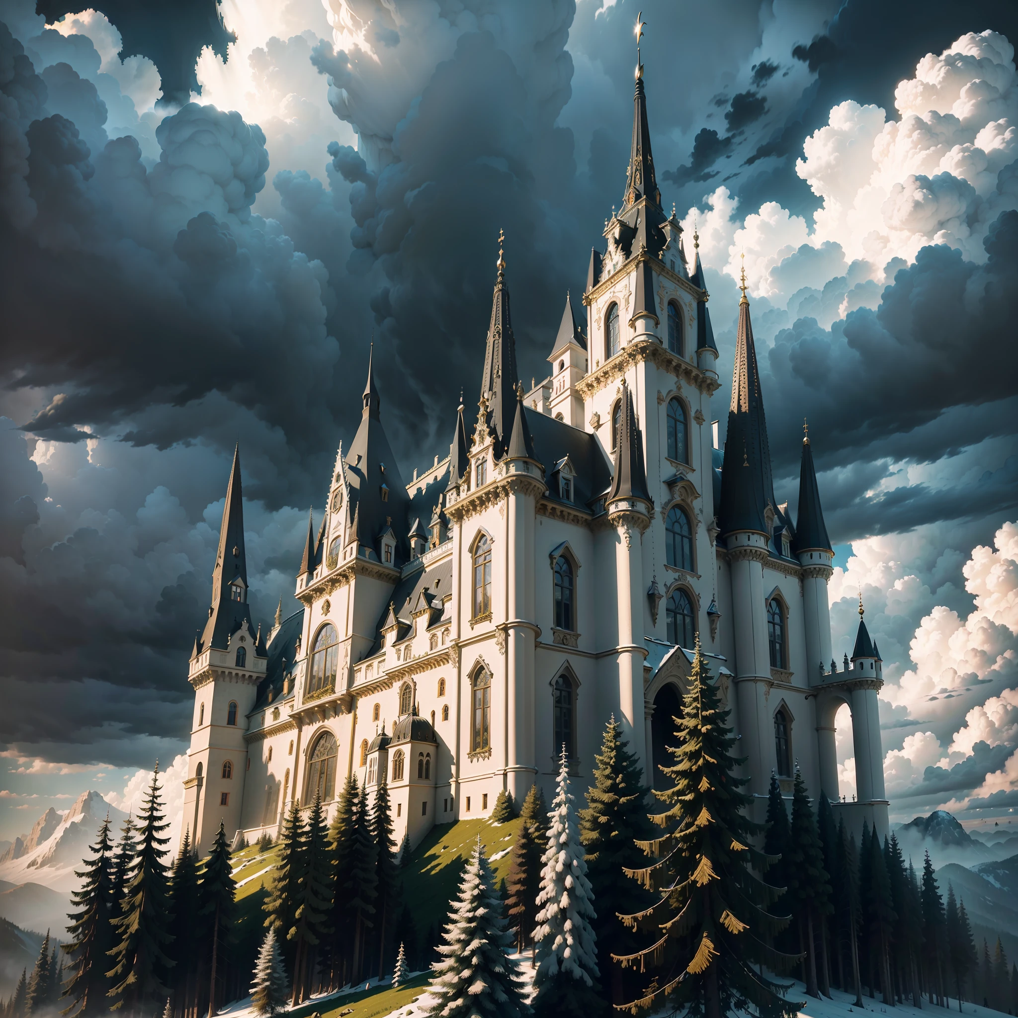 Masterpiece, Maximum detail, Maximum clarity, Baroque, Rational proportions, Logical proportionality, Maximum detail of small things, Baroque castle on the mountain, Daytime, Thick black clouds, Dense spruce forest, Fog, No people, High particle smoothing, Seasoned style, Winter.