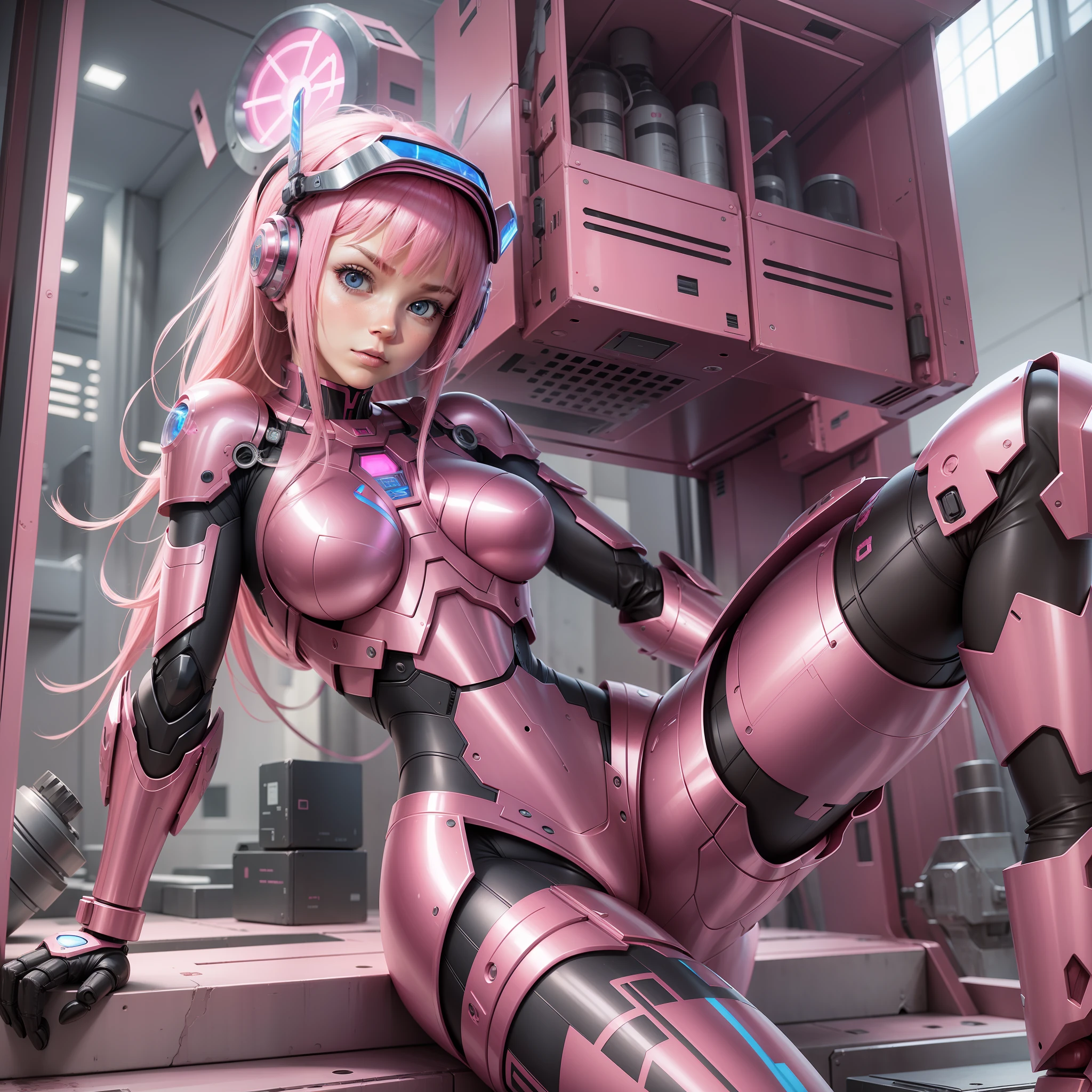 A pink robotic armor, pink robot, inside a lab, pink hair, zero two, adult woman, athletic body, iron woman