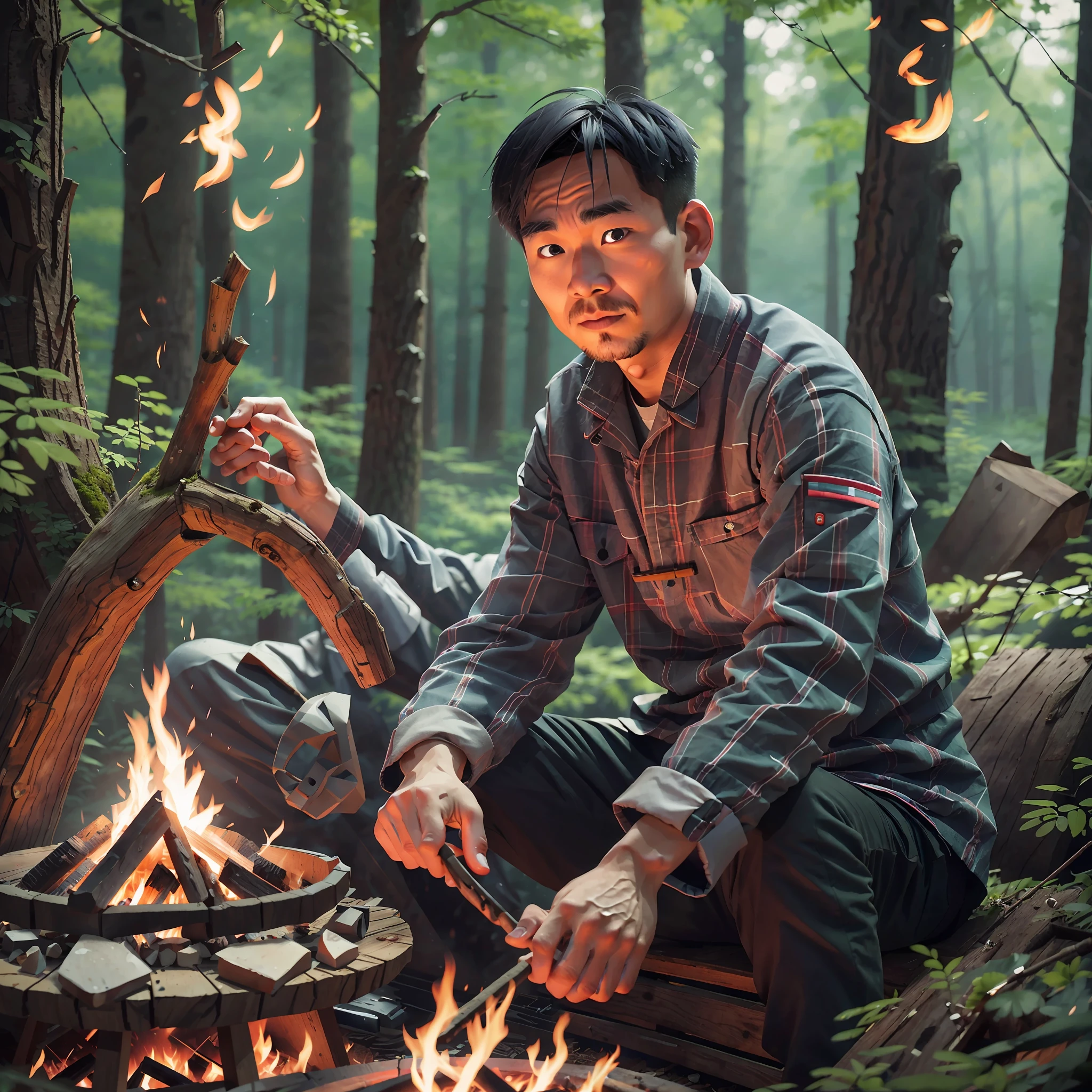 Chinese man sitting in front of a campfire in the woods, portrait of Etienne Dreiset, winner of pexels competition, digital art, 8k art portrait photography, dramatic portrait of Namenlos, portrait shooting 8k, movie portrait, film. Author: Leng Jun, Portrait Shooting, Cinematic Portrait, Environmental Portrait, Dramatic Cinematic Portrait