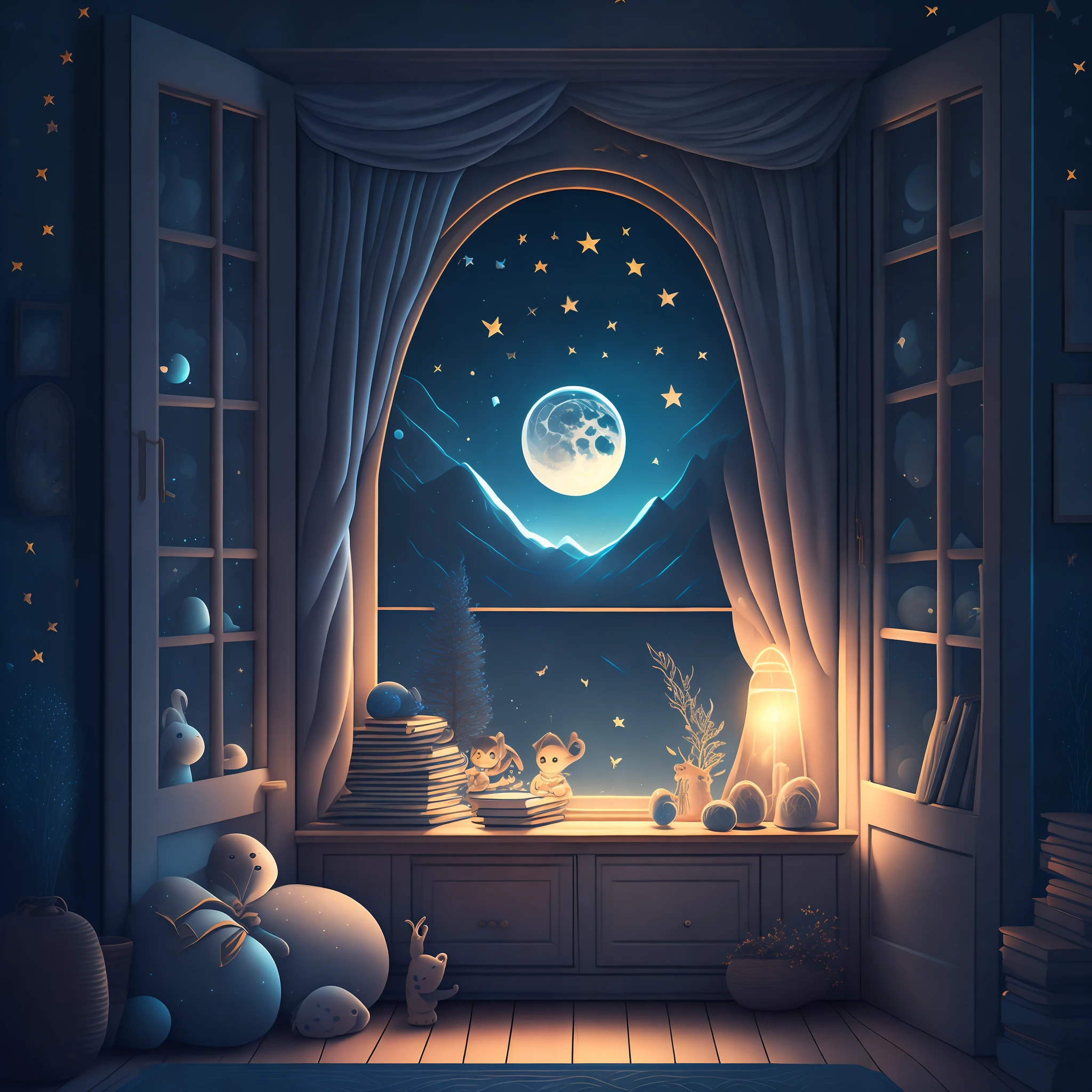 a cozy room at night, moonlight shining through the window, detailed illustration, cartoons