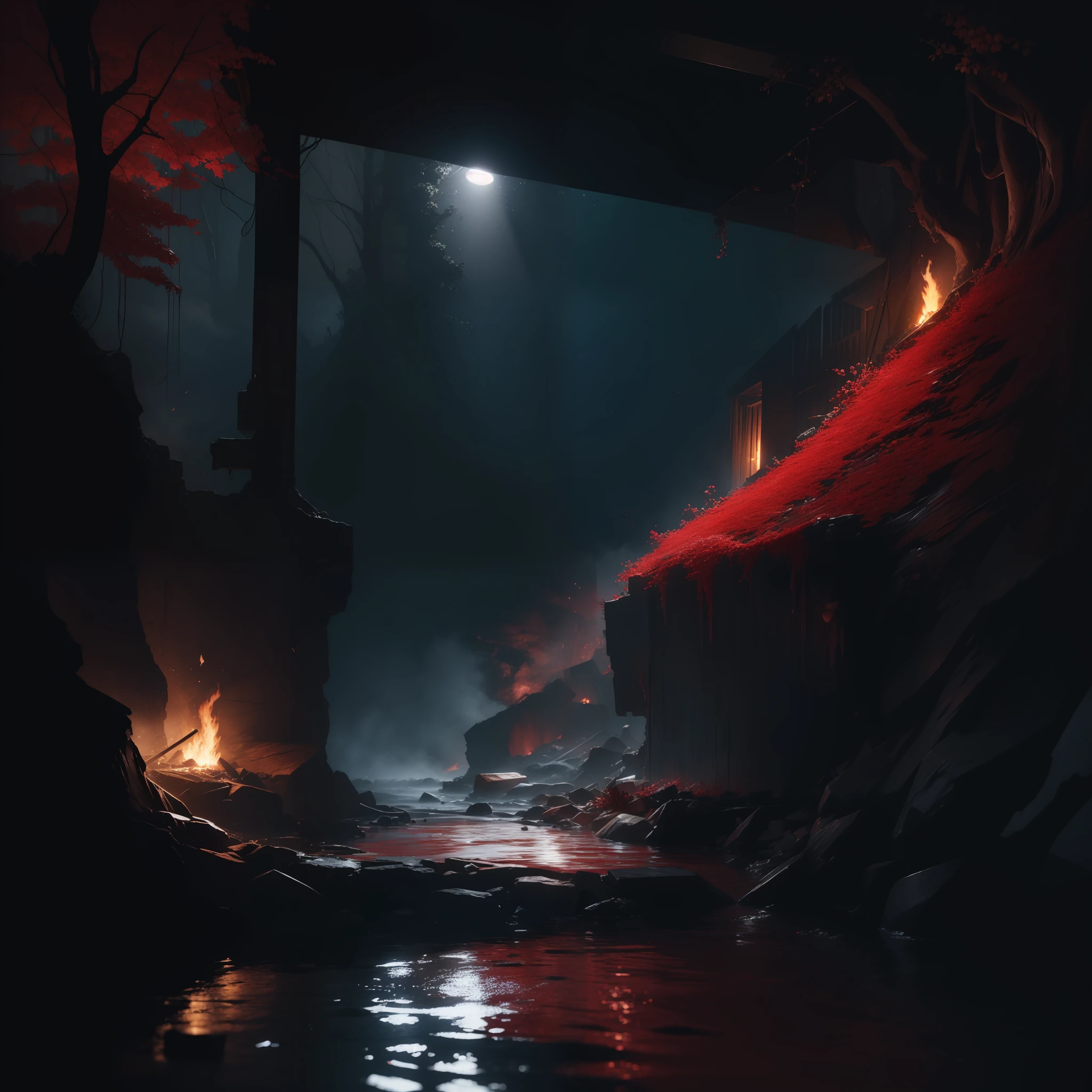 (Masterpiece, Epic Quality, Epic Realism, Ultra Resolution, 8K Photo Unity, Epic Detail: 1.1), (Blood Magic: 1.2), Intricate Details, The Most Beautiful Chaos Form, (Blood Whirlwind, Ash Rain), Intricate Details, Ash Flowers, Water Splash, Fire, Rim Lighting, (Natural Skin Texture, Natural Hair, Natural Big Yi), Soft Zipper, (Professional Photography, Photorealism, Hyperrealism), Ray Tracing, HDR