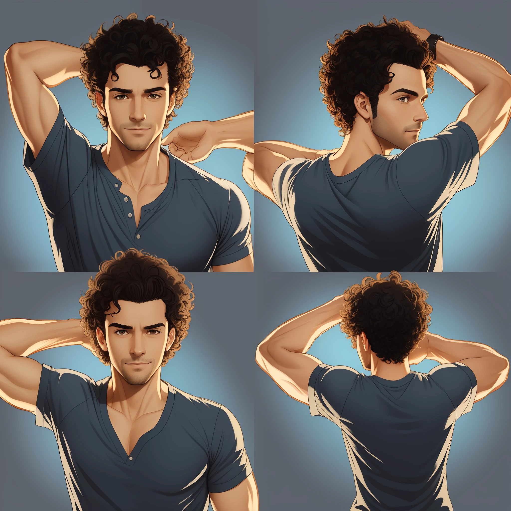Series of four silhouette images of the 35-year-old male character with short curly brown hair, gray stubble covers the chin, fair skin, large forehead. He's on his back. He wears a gray polo shirt, blue shorts, black sneakers. Disney illustration style. Different poses and expressions, running. view from the back. Character poses on his back. bright backlight. back of the whole body. happy.