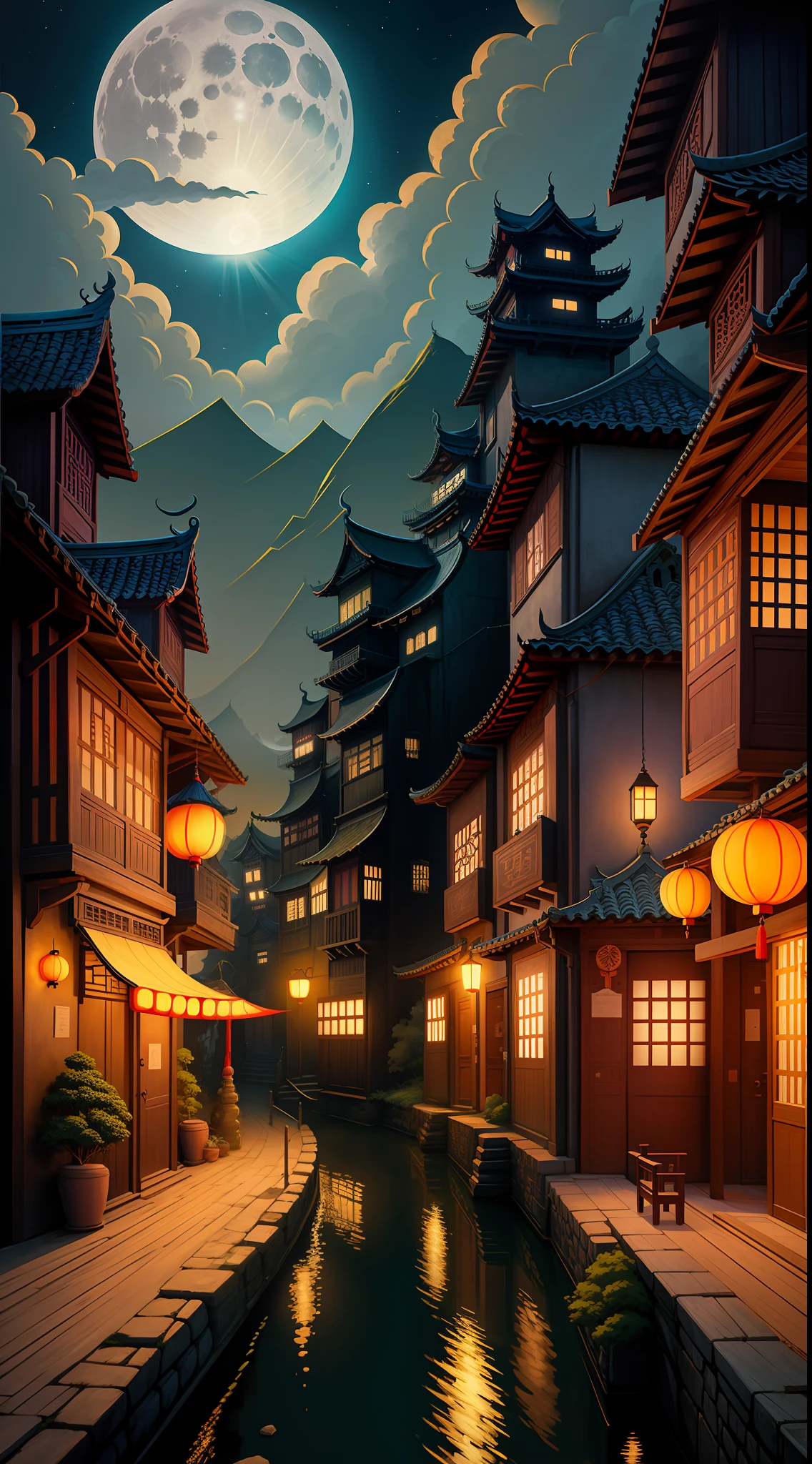 Castle poster with full moon background, perspective is night scene from cave, dark sky and full moon street, Chinese town, Chinese street, fantastic Chinese town, Spirited away style scene, anime style cityscape, night village background, Chinese city, Spirited away style town, digital painting, anime landscape concept art