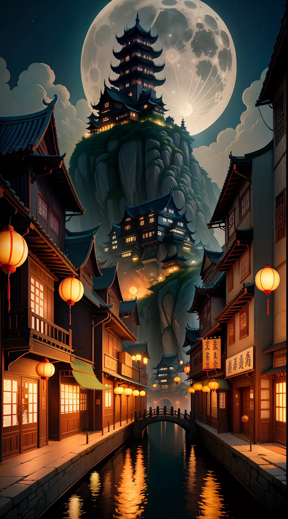 Castle poster with full moon background, perspective is night scene from cave, dark sky and full moon street, Chinese town, Chinese street, fantastic Chinese town, Spirited away style scene, anime style cityscape, night village background, Chinese city, Spirited away style town, digital painting, anime landscape concept art