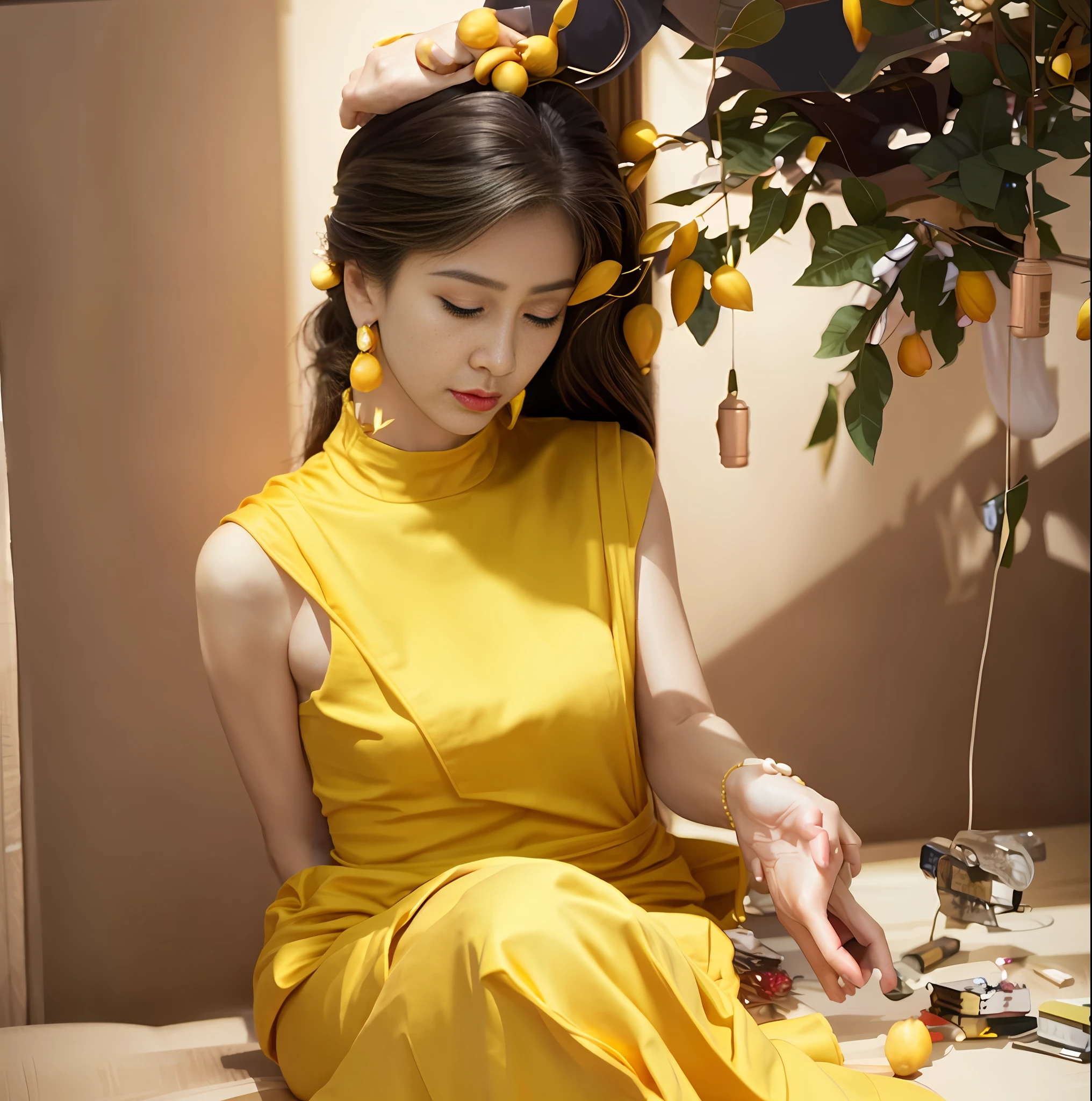 there is a woman sitting on a couch with a teddy bear, dang my linh, 🤬 🤮 💕 🎀, lady using yellow dress, photoshoot, lady, low quality video, with yellow cloths, jia, the woman holds more toys, ruan jia beautiful!, inspired by Ni Yuanlu, 🐿🍸🍋, 😭 🤮 💕 🎀