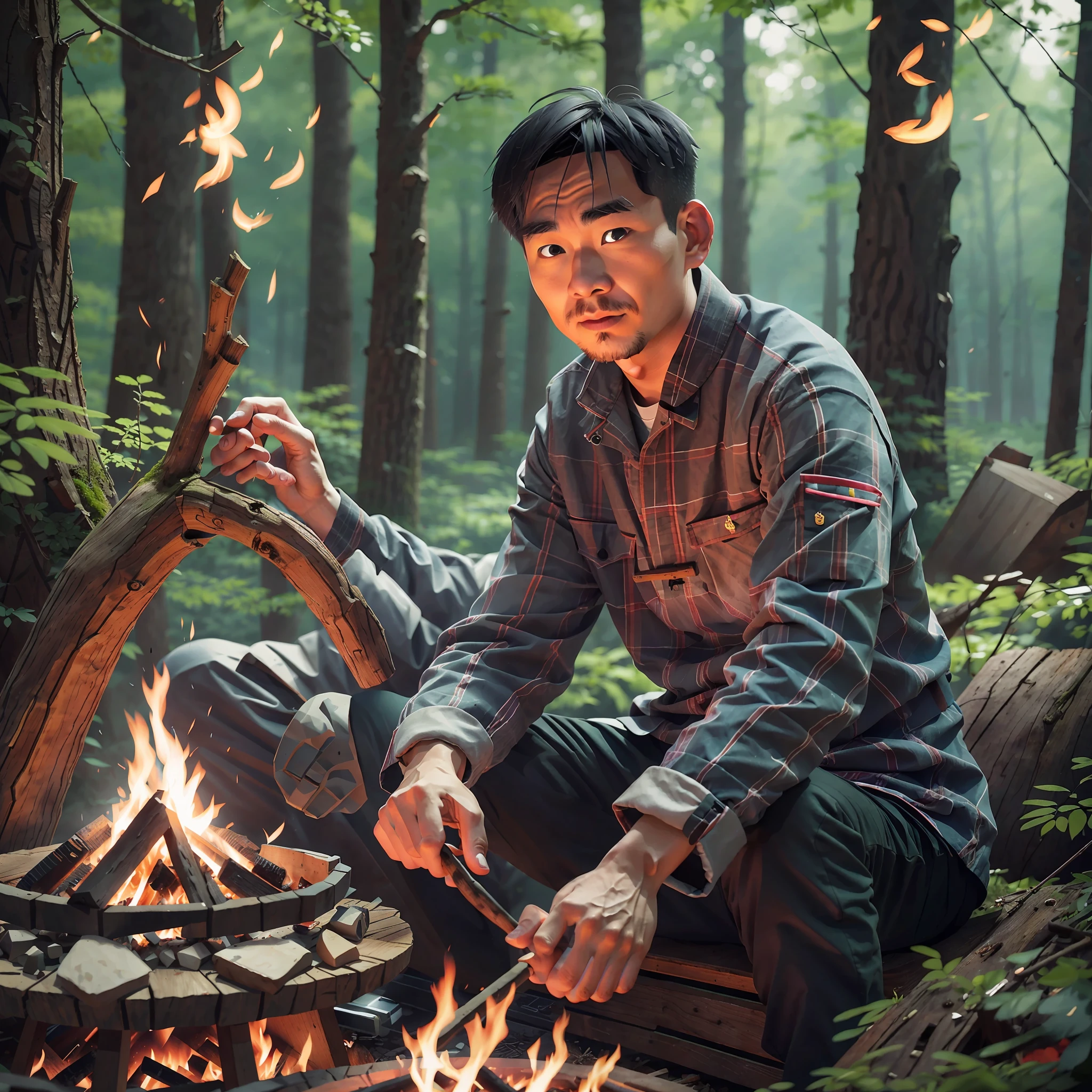 Chinese man sitting in front of a campfire in the woods, portrait of Etienne Dreiset, winner of pexels competition, digital art, 8k art portrait photography, dramatic portrait of Namenlos, portrait shooting 8k, movie portrait, film. Author: Leng Jun, Portrait Shooting, Cinematic Portrait, Environmental Portrait, Dramatic Cinematic Portrait