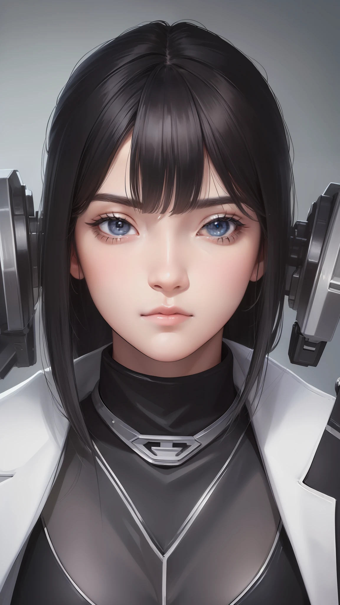 ((high quality, masterpiece:1.4)), 1girl, upper body, cyberpunk, black techwear, black gloves, white hair, japanese girl, symmetrical face, symmetrical eyes, looking at viewer, grey eyes, pretty face, beautiful face, beautiful eyes, beautiful girl, pretty girl, perfect facial shape, absurdres, realistic proportions, dynamic pose, high details, intricate, intricate details, realistic eyes, realistic eye proportions, sharp focus, 32k, realistic lighting, extreme details, realistic pupils, realistic proportion eyes, realistic proportions pupils, realistic shadows,