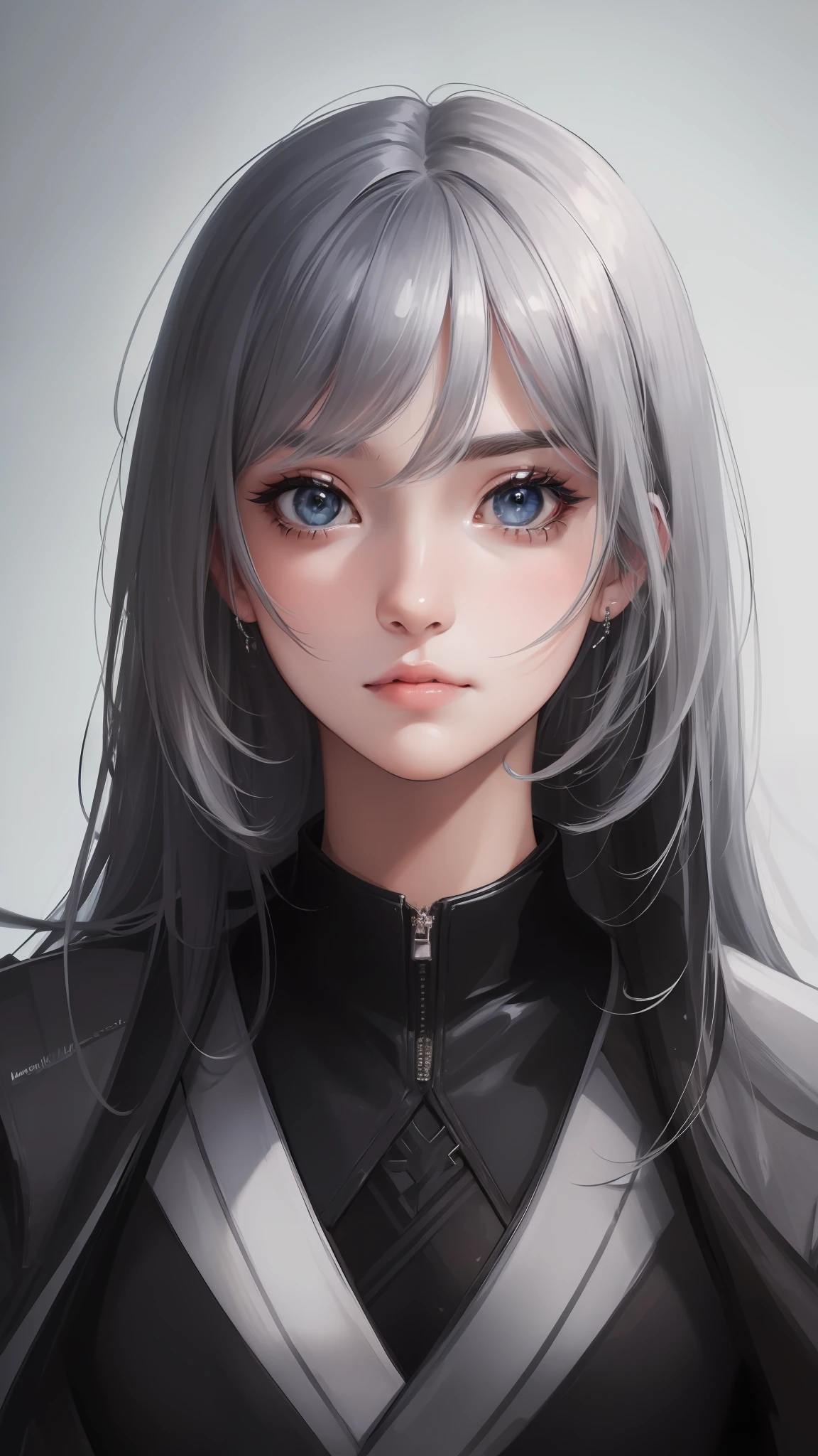 ((high quality, masterpiece:1.4)), 1girl, upper body, cyberpunk, black techwear, black gloves, white hair, japanese girl, symmetrical face, symmetrical eyes, looking at viewer, grey eyes, pretty face, beautiful face, beautiful eyes, beautiful girl, pretty girl, perfect facial shape, absurdres, realistic proportions, dynamic pose, high details, intricate, intricate details, realistic eyes, realistic eye proportions, sharp focus, 32k, realistic lighting, extreme details, realistic pupils, realistic proportion eyes, realistic proportions pupils, realistic shadows,