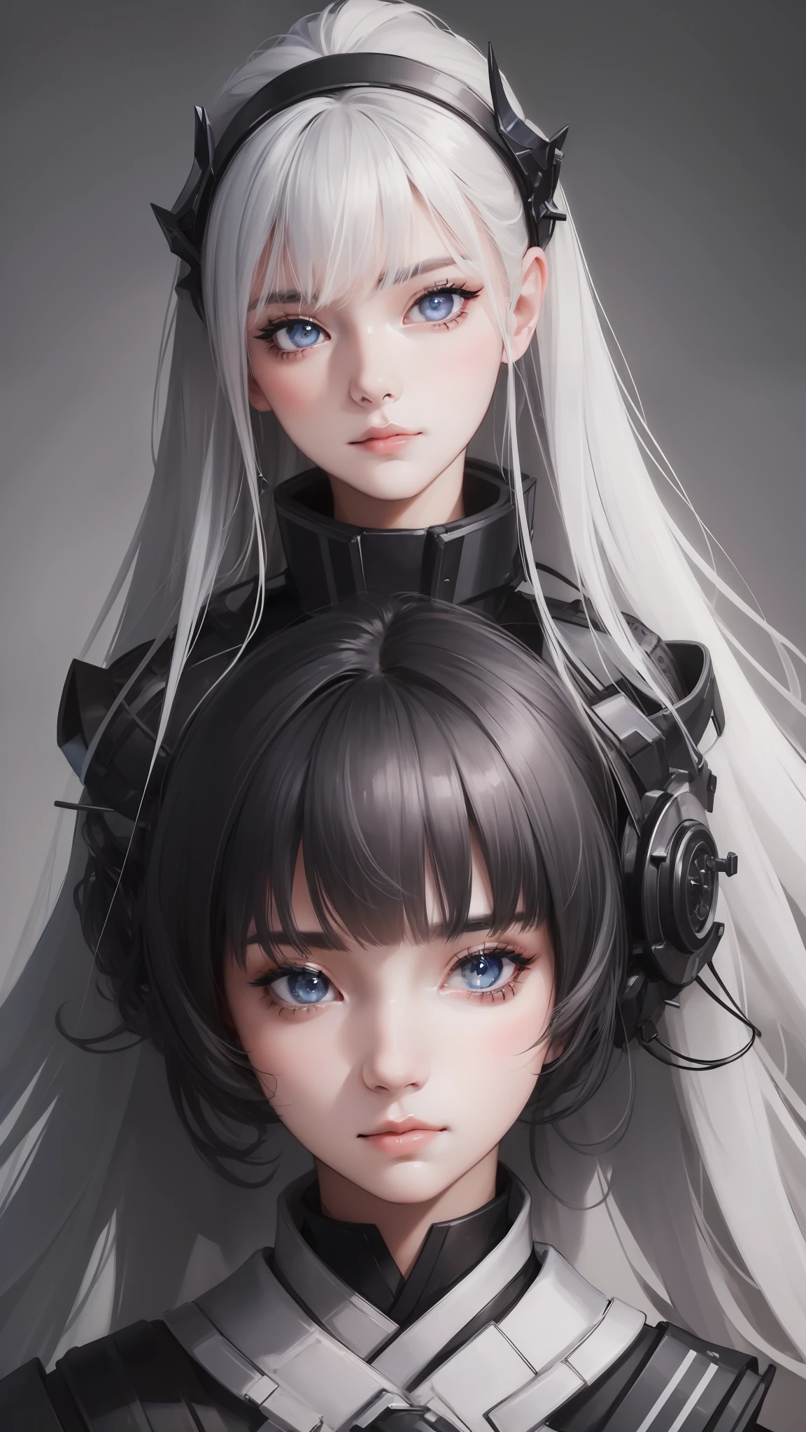 ((high quality, masterpiece:1.4)), 1girl, upper body, cyberpunk, black techwear, black gloves, white hair, japanese girl, symmetrical face, symmetrical eyes, looking at viewer, grey eyes, pretty face, beautiful face, beautiful eyes, beautiful girl, pretty girl, perfect facial shape, absurdres, realistic proportions, dynamic pose, high details, intricate, intricate details, realistic eyes, realistic eye proportions, sharp focus, 32k, realistic lighting, extreme details, realistic pupils, realistic proportion eyes, realistic proportions pupils, realistic shadows,