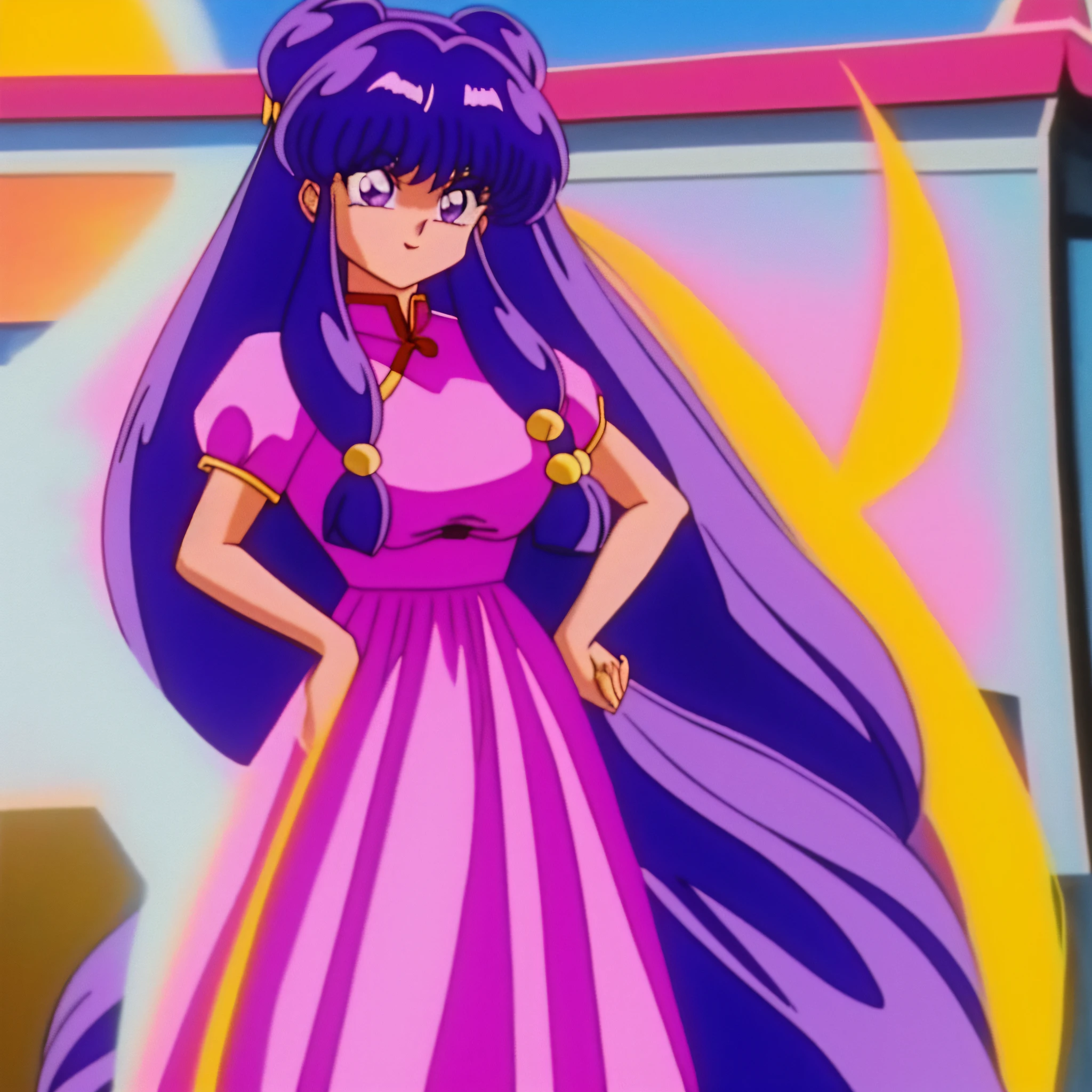 ShanpuuRanma, purple_hair, big_breasts, hair_bell, china_dress, 90s