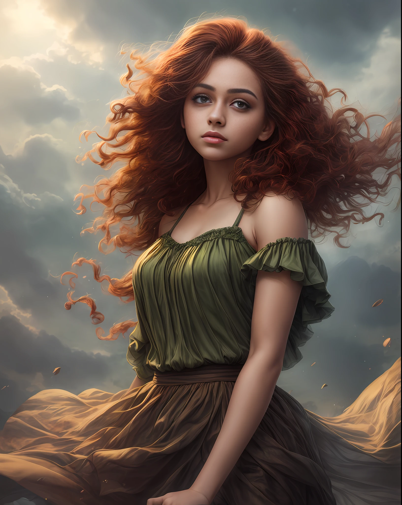 (best quality, masterpiece), young woman, pose, particle, wind, flower, upper body, simple background, looking at viewer, medium curly windblown brown reddish hair, catlike green eyes, dark skin, galaxy, backlit, rimlight, stormy day beautiful artwork, perfect composition, raudha athif