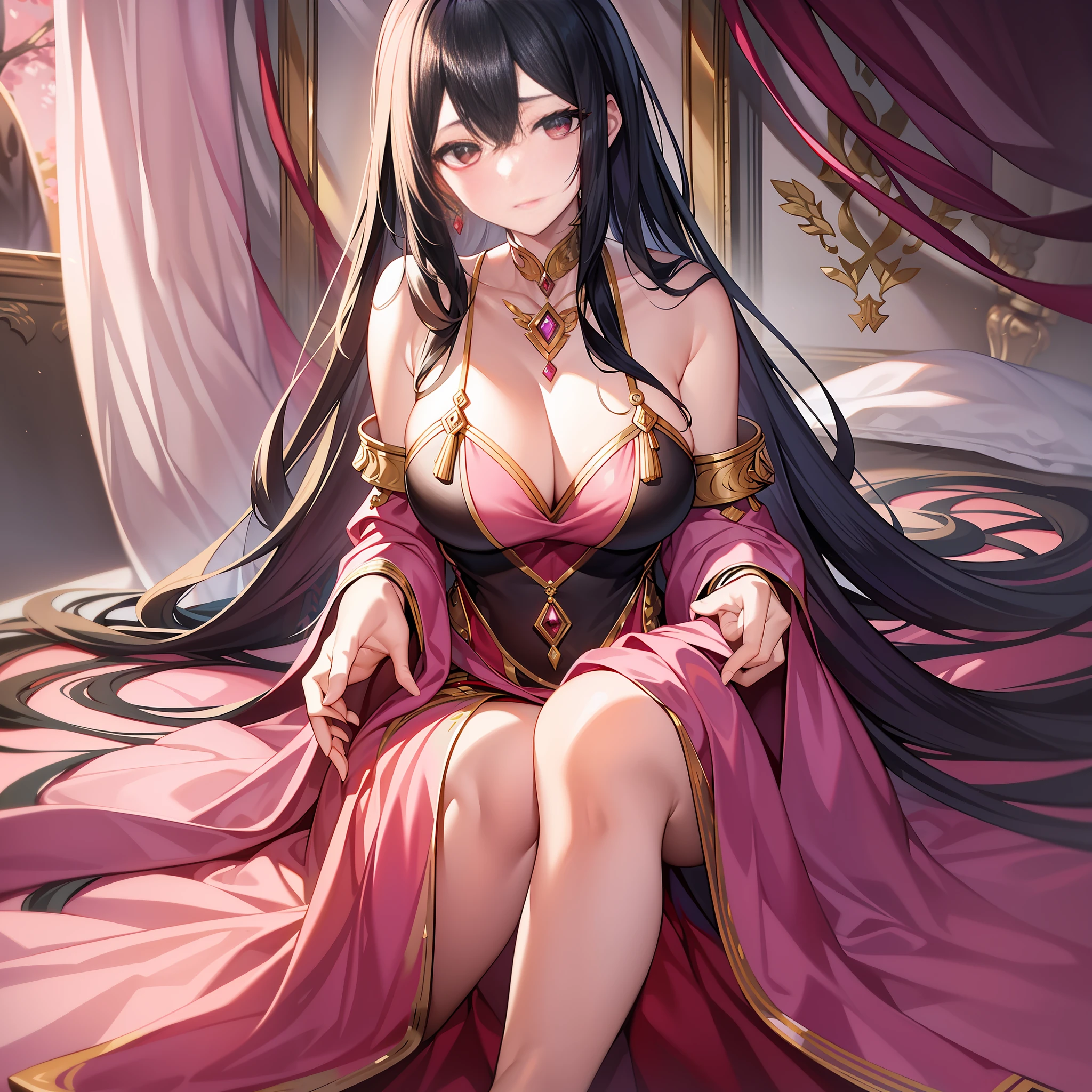 In this quiet bedroom, the black-haired female emperor sitting on the edge of the bed looked shy and feminine.
She wore a gorgeous red long dress, her long black hair was draped over her shoulders, and her pretty face showed a brave and gentle demeanor. She sat on the edge of the bed, her knees gently pressed together, her left hand supporting her chin, and her right hand caressing the hem of her skirt, like a gentle bird.
The whole picture is dominated by light pink and deep red, highlighting the gentleness and beauty of the female emperor. The background is night
Through her expression and body language, this female emperor shows a shy and gentle temperament. Her eyes spread a kind of clarity and softness, as if giving people a sense of courage and comfort. Her body language does not hide her shyness, which is a delicate and feminine expression.
The whole picture conveys a gentle and idyllic atmosphere. The side face of the female emperor is like a silent picture scroll, making people feel the beauty and emotion of this moment. It is an undisguised tenderness and vulnerability, a treasure that makes people feel emotion, and also shows the tenacity and courage of the female emperor, and her image is even more charming in the combination of softness and perseverance
