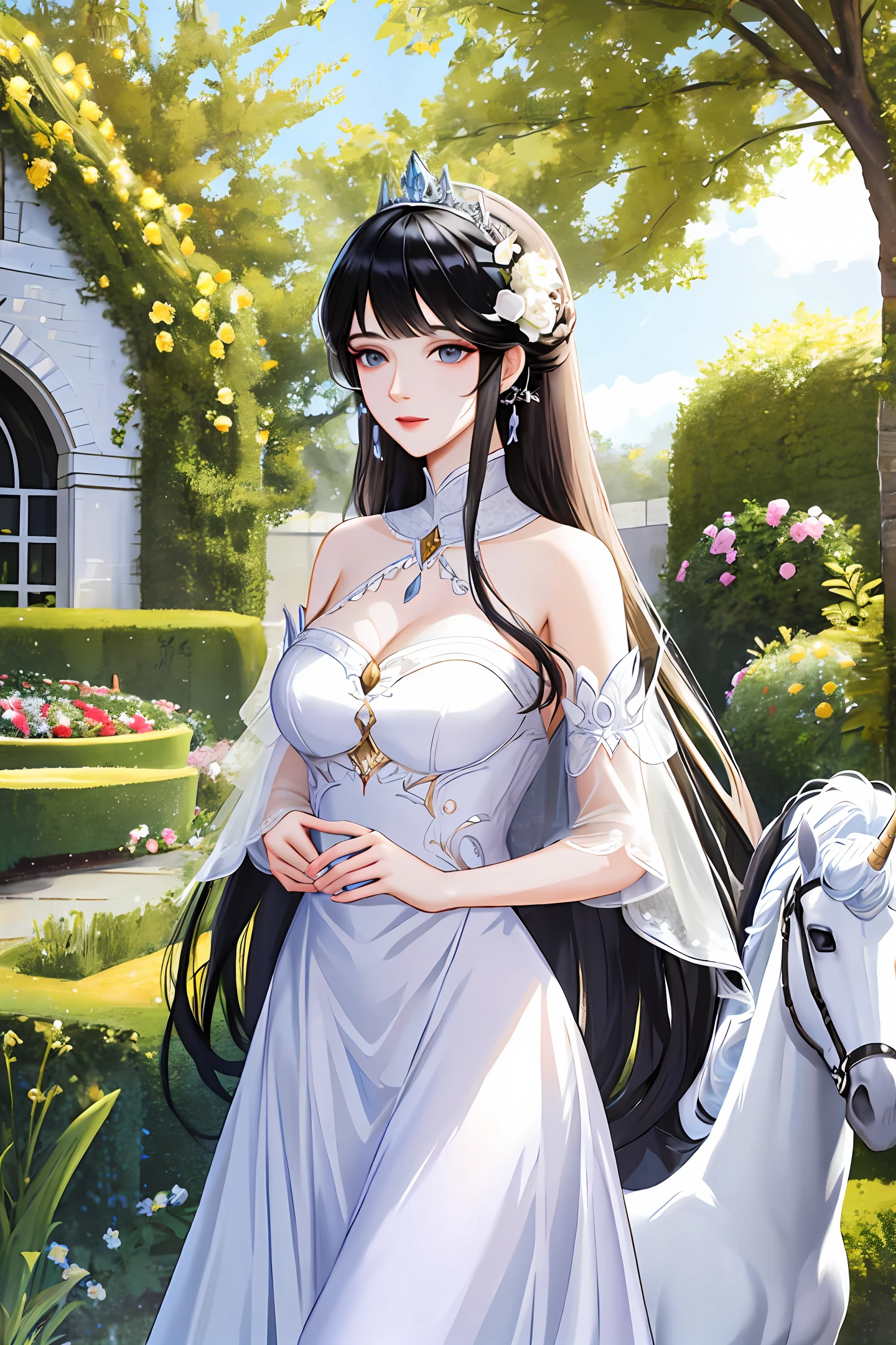 White Unicorn detailed, Princess with black hair, meeting in the garden, detailed face, 16k, masterpiece