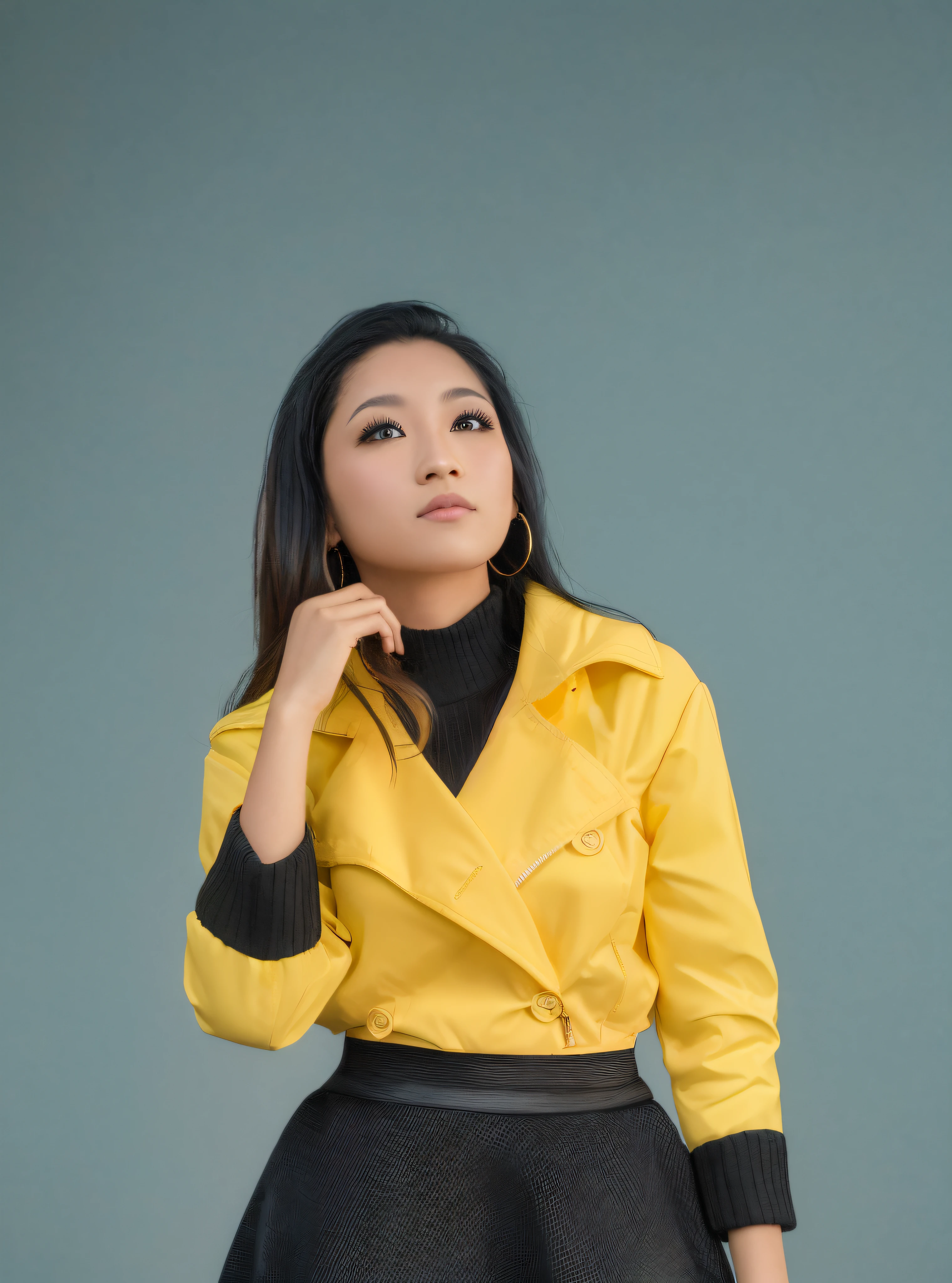 arafed woman in a yellow jacket and black skirt posing for a picture, wearing yellow croptop, with yellow cloths, taken with canon eos 5 d mark iv, solo photoshoot, wavy hair yellow theme, photoshoot portrait, by Basuki Abdullah, taken with canon eos 5 d, wearing a turtleneck and jacket, shot on canon eos r 5