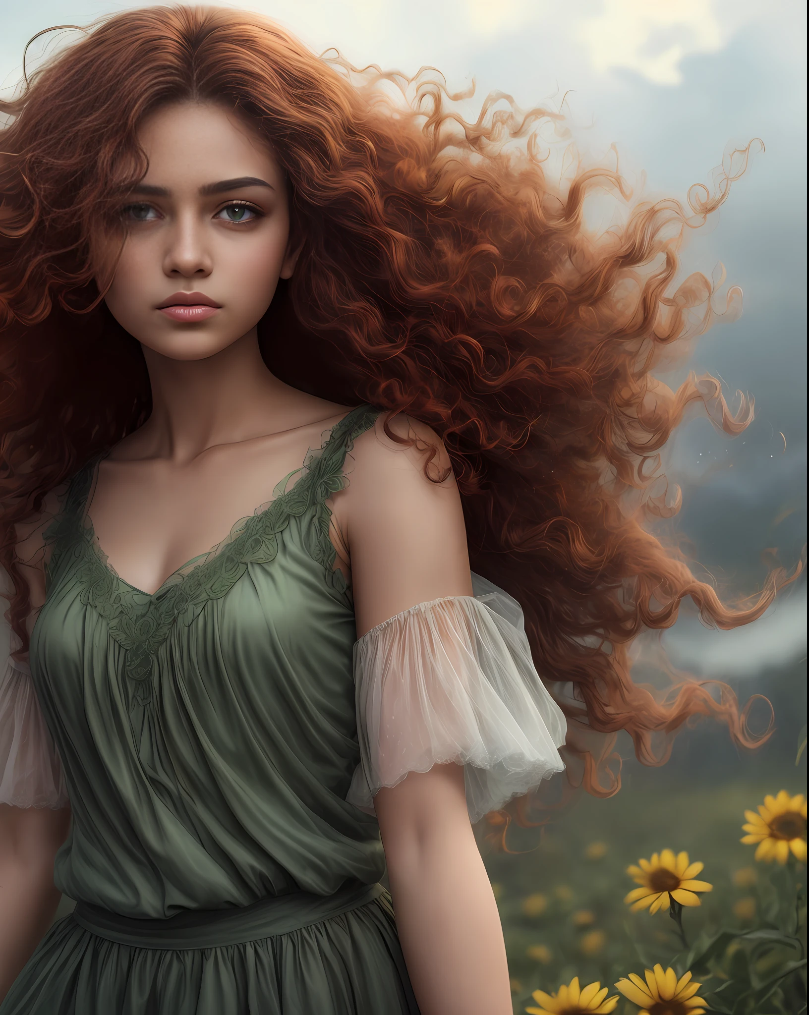 (best quality, masterpiece), young woman, pose, particle, wind, flower, upper body, simple background, looking at viewer, , catlike green eyes, curly windblown brown reddish hair, dark skin, galaxy, backlit, rimlight, stormy day beautiful artwork, perfect composition, raudha athif