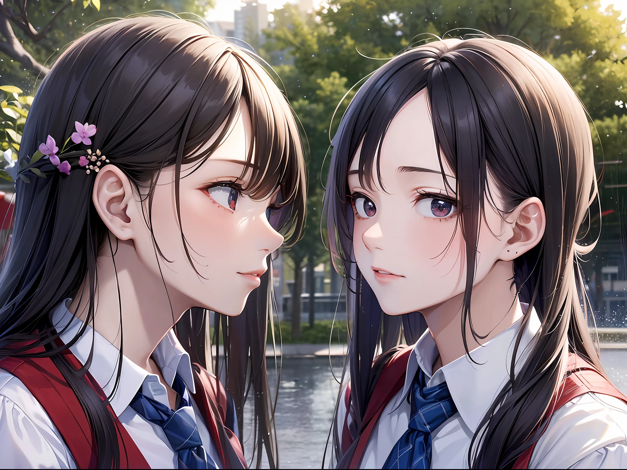 a female and a male, they are two students, wearing school uniform, lonely, rainny, around school, trees are beside the road, poddle of water reflectiing these two people, reflecting, a rainbow is on the sky, polar opposites, symmetry, panorama, perspective, ray tracing, reflection light, depth of field, close-up, masterpiece, best quality, high details, high quality, textured skin, ccurate, UHD, HD