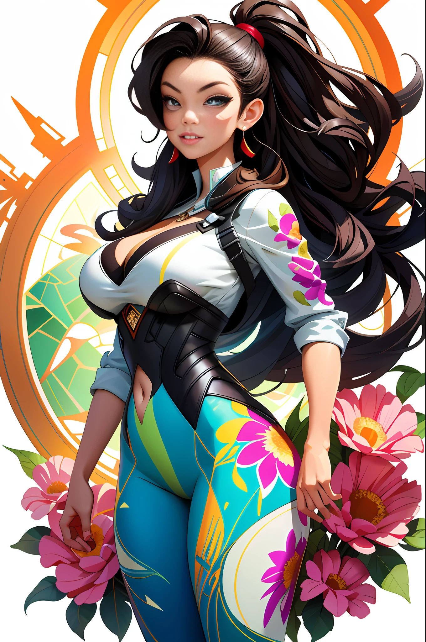ASHLEY ALEXISS beautiful woman with long hair ultra detailed, (beautiful and clear background:1.2),, fantastic paintings ,graffit style, flowers, olhos altamente detalhados , a t-shirt or dressed in a white blouse underneath, position, with long black hair , stained glass colored, fantastic paintings by joe madureira ,high quality,photo, sticker art,beautiful woman carol nakamura with long hair , freedom, soul, digital illustration, comic style, perfect anatomy, centered, approaching perfection, dynamic, highly detailed, watercolor painting, artstation, concept art, smooth, sharp focus, illustration, art by carne griffiths and wadim kashin,,alone anime girl pose, short pastel hair ,heterochromia, perfect anatomy, centered, approaching perfection, dynamic, highly detailed, character sheet, artstation, concept art, smooth, sharp focus, illustration