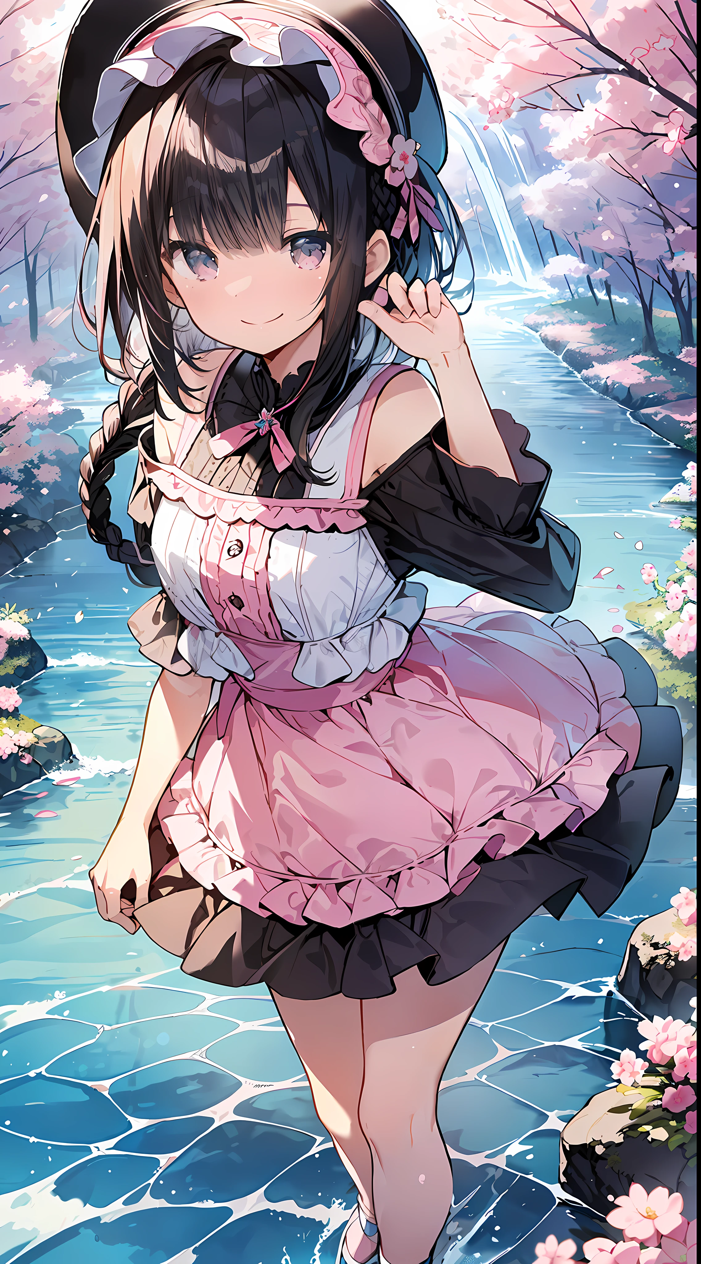 Top Quality, Masterpiece, Ultra High Definition, 8K, Summer Sky, Early Summer, (((Pink Ruffle Tops, Mini Skirts, High Heels)), Shojo Manga Style Loli, One, Soft Line Art, Digital Enhancement, Shojo Manga Touch, Shojo Manga Core, Flowing Fabric, Close Up, (Hair length and short braid to the shoulders)), wet hair, staring at us from the front, soft drawing, Beautiful black hair, clear eyes, ((teasing smile)), ultra-detailed digital anime art, clear face depiction, ultra-detailed shojo manga character art, ultra-detailed manga style, top quality colors, hand gestures, landscape with nature, looking up at the sky, angle that can see up to your feet