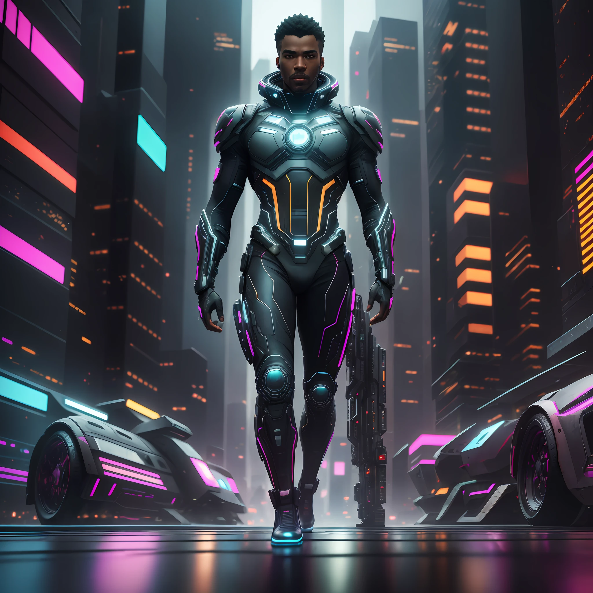 Black man, superhero (black hair), futuristic cyberpunk dress made of circuit boards, cyberpunk megacity environment, neon lights, skyscrapers, street vendors, (dslr), photorealistic, photo, masterpiece, realistic, realism, photorealism, high contrast, photorealistic digital art trend in Artstation 8k HD, detailed high definition realistic skin, uncharacterized texture, best quality, ultra high res, (photorealistic: 1.4), Fujifilm XT3,  high resolution, detailed, raw photo, sharp re, rich colors, hyper realistic texture, dramatic lighting, unreal engine, trend in Artstation CineStill 800 --auto --s2