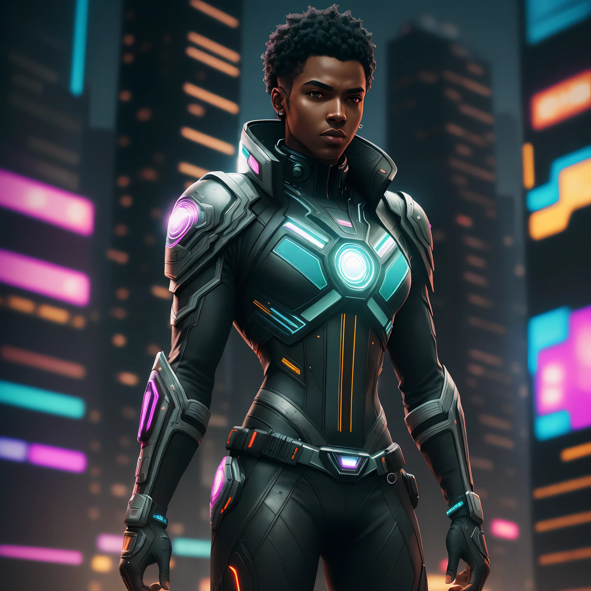 Black man, superhero (black hair), futuristic cyberpunk dress made of circuit boards, cyberpunk megacity environment, neon lights, skyscrapers, street vendors, (dslr), photorealistic, photo, masterpiece, realistic, realism, photorealism, high contrast, photorealistic digital art trend in Artstation 8k HD, detailed high definition realistic skin, uncharacterized texture, best quality, ultra high res, (photorealistic: 1.4), Fujifilm XT3, high resolution, detailed, raw photo, sharp re, rich colors, hyper realistic texture, dramatic lighting, unreal engine, trend in Artstation CineStill 800 --auto --s2