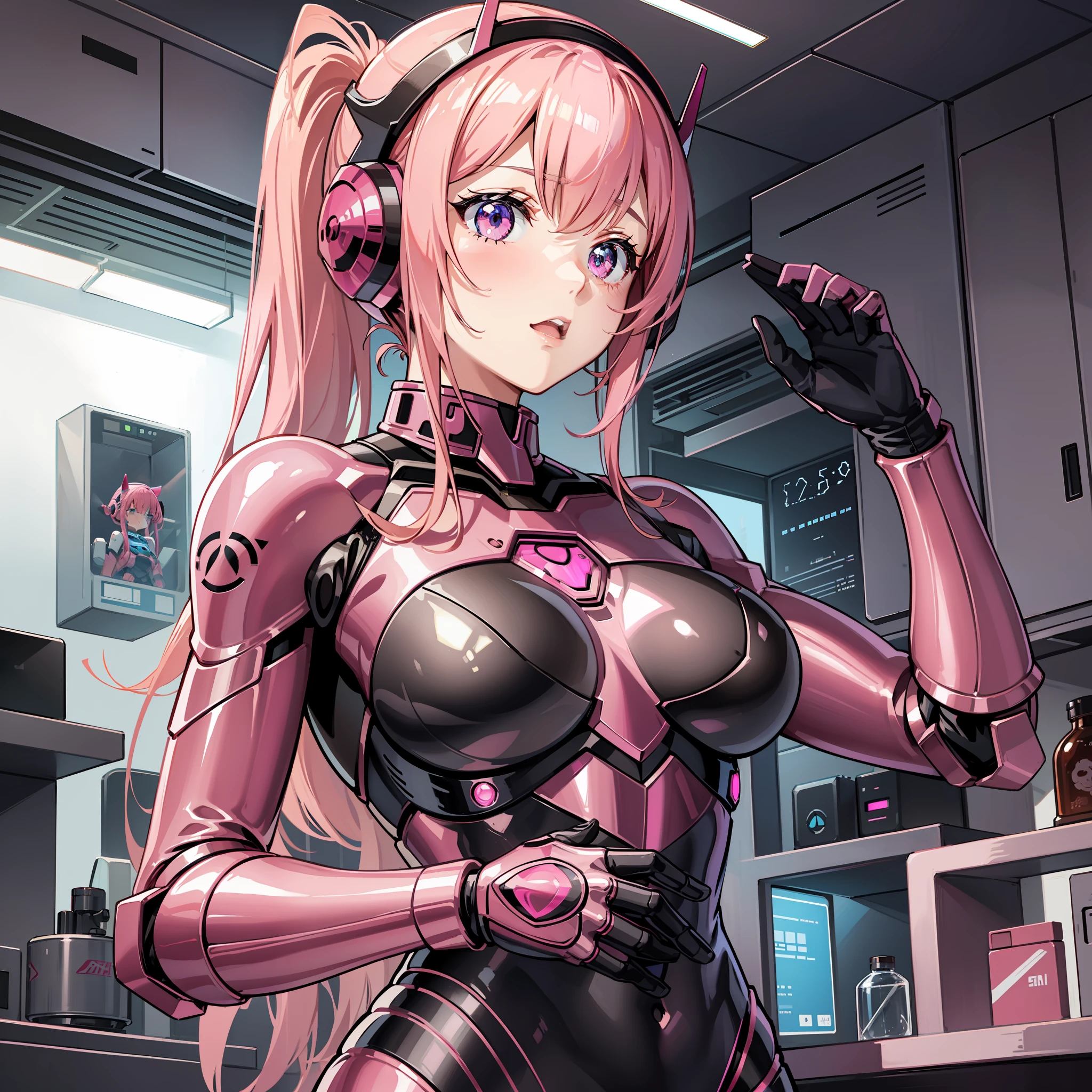 A pink robotic armor, pink robot, inside a lab, pink hair, zero two, adult woman, athletic body, iron woman