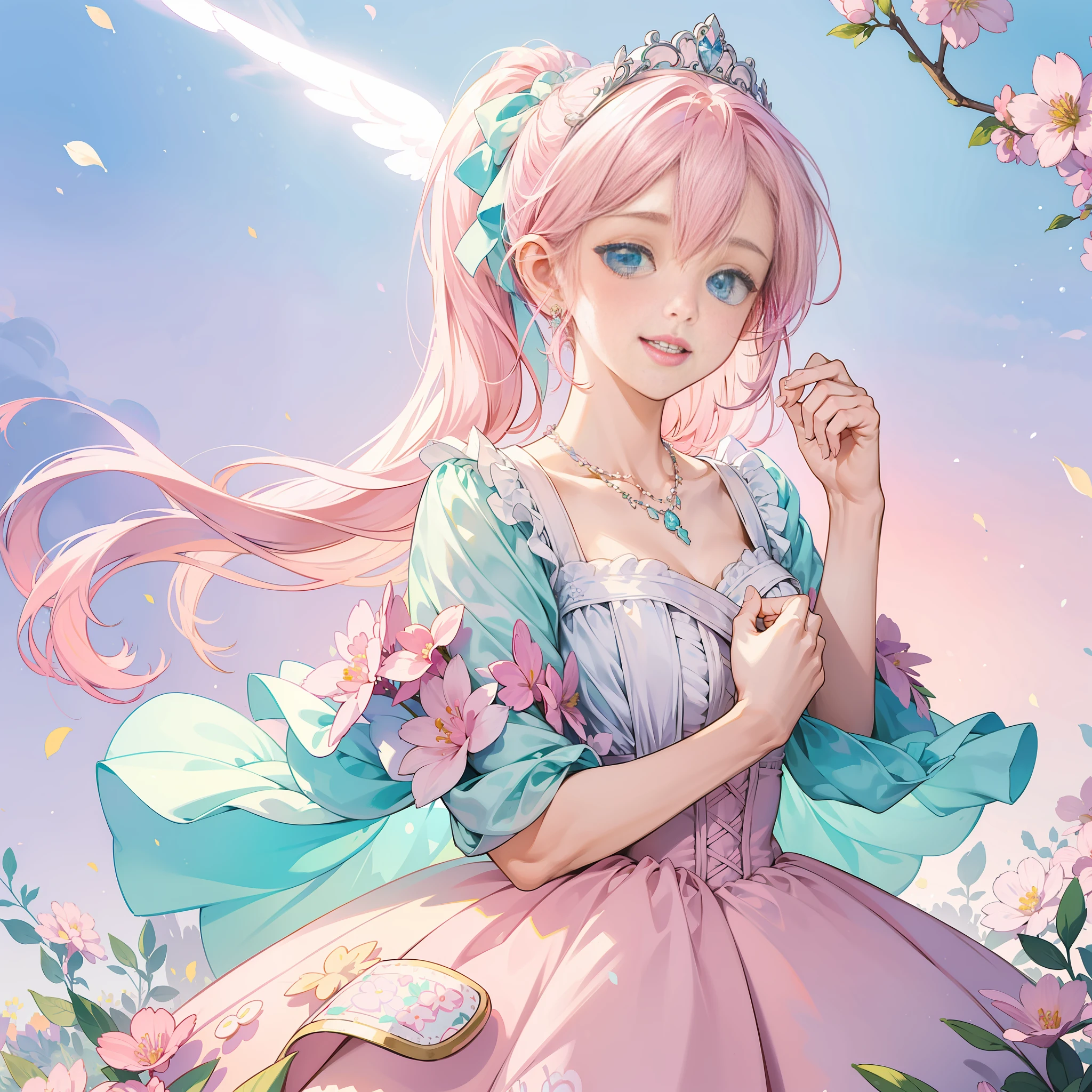 ((Illustration)), (pastel color:1.5),(cute illustration:1.5),(fancy:1.5)white back ground,happy smile,anine illustration,masterpiece, top quality, beautiful face, front light, look at the viewer, (((1girl))), holding a bouquet of flowers smile, happy, blissful, Delicately decorated accessories necklace, front view, ((gradient, pink ponytail)), wearing a dress with delicate decoration, beautiful, posing for photos, bright tone, bridal long veil, shiny tiara, flowers, pink hair, masterpiece background, open space with many flowers, light and wings pouring down from the sky, blue sky