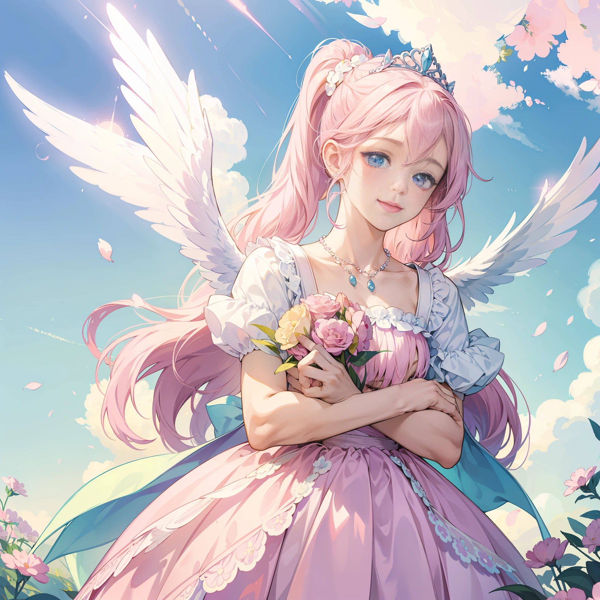 ((Illustration)), (pastel color:1.5),(cute illustration:1.5),(fancy:1.5)white back ground,happy smile,anine illustration,masterpiece, top quality, beautiful face, front light, look at the viewer, (((1girl))), holding a bouquet of flowers smile, happy, blissful, Delicately decorated accessories necklace, front view, ((gradient, pink ponytail)), wearing a dress with delicate decoration, beautiful, posing for photos, bright tone, bridal long veil, shiny tiara, flowers, pink hair, masterpiece background, open space with many flowers, light and wings pouring down from the sky, blue sky