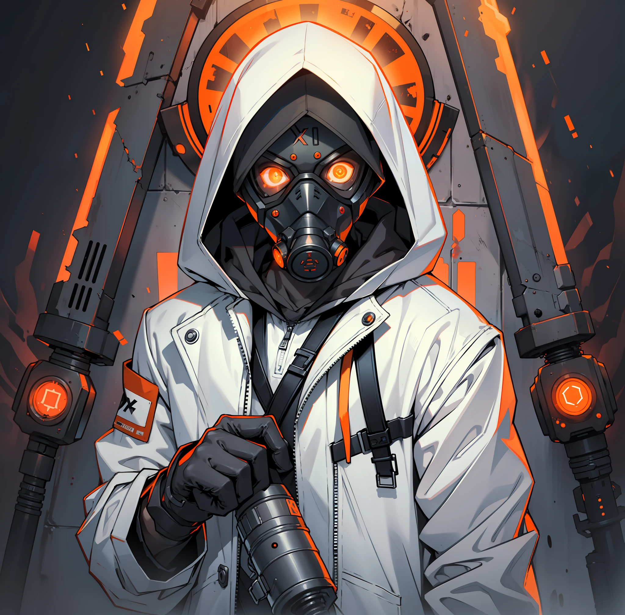 A man with gas mask with neon lights, looking at the viewer, side eye, white hood, gas mask, gas mask orange lights, X-shaped eyes, X-shaped eyes glowing orange, black gloves, white hood, bloodstained clothes, white clothes with blood, white coat, white vest --auto --s2