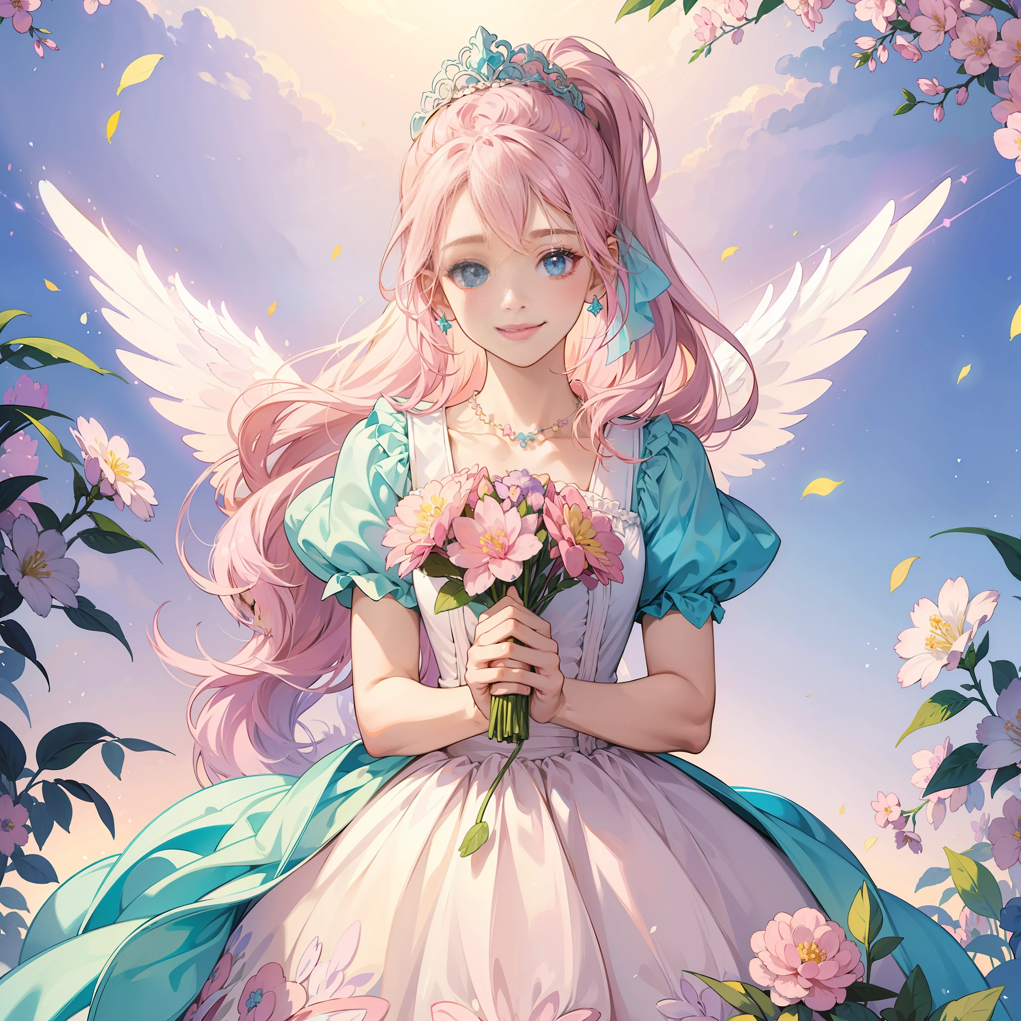 ((Illustration)), (pastel color:1.5),(cute illustration:1.5),(fancy:1.5)white back ground,happy smile,anine illustration,masterpiece, top quality, beautiful face, front light, look at the viewer, (((1girl))), holding a bouquet of flowers smile, happy, blissful, Delicately decorated accessories necklace, front view, ((gradient, pink ponytail)), wearing a dress with delicate decoration, beautiful, posing for photos, bright tone, bridal long veil, shiny tiara, flowers, pink hair, masterpiece background, open space with many flowers, light and wings pouring down from the sky, blue sky
