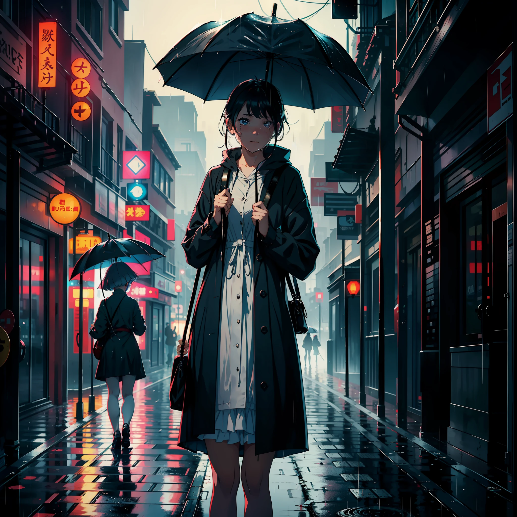 A girl with an umbrella stood by the side of the street, crying, looking sad and raining
