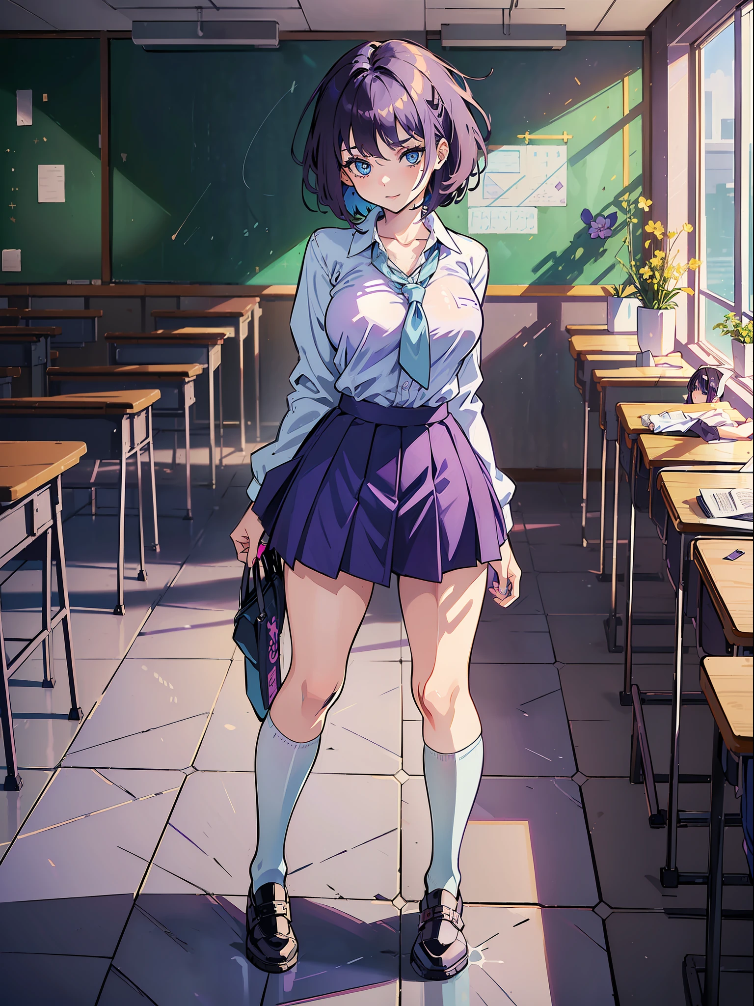 ((full body):2), ({1/20-year-old woman}:1.5), only {1/20-year-old woman} (((wearing a teacher's outfit with a white shirt and black skirt, both clothes and skirt extremely small and tight around the body):1.4)), only {1/20 year old woman} ((monstrously large breasts):1.5), only {1/20 year old woman} has (((light blue eyes, very short dark purple hair):1.4), is looking at the viewer with a malevolent smile, ((doing erotic poses))), in a classroom ((crowded with students in school uniform):1.4) of all ethnicities , all the students are sitting in their chairs looking at just {1/20 year old female}), anime, anime style, 16k , high resolution, ((best quality, details high:1.5), UHD, ((masterpiece))