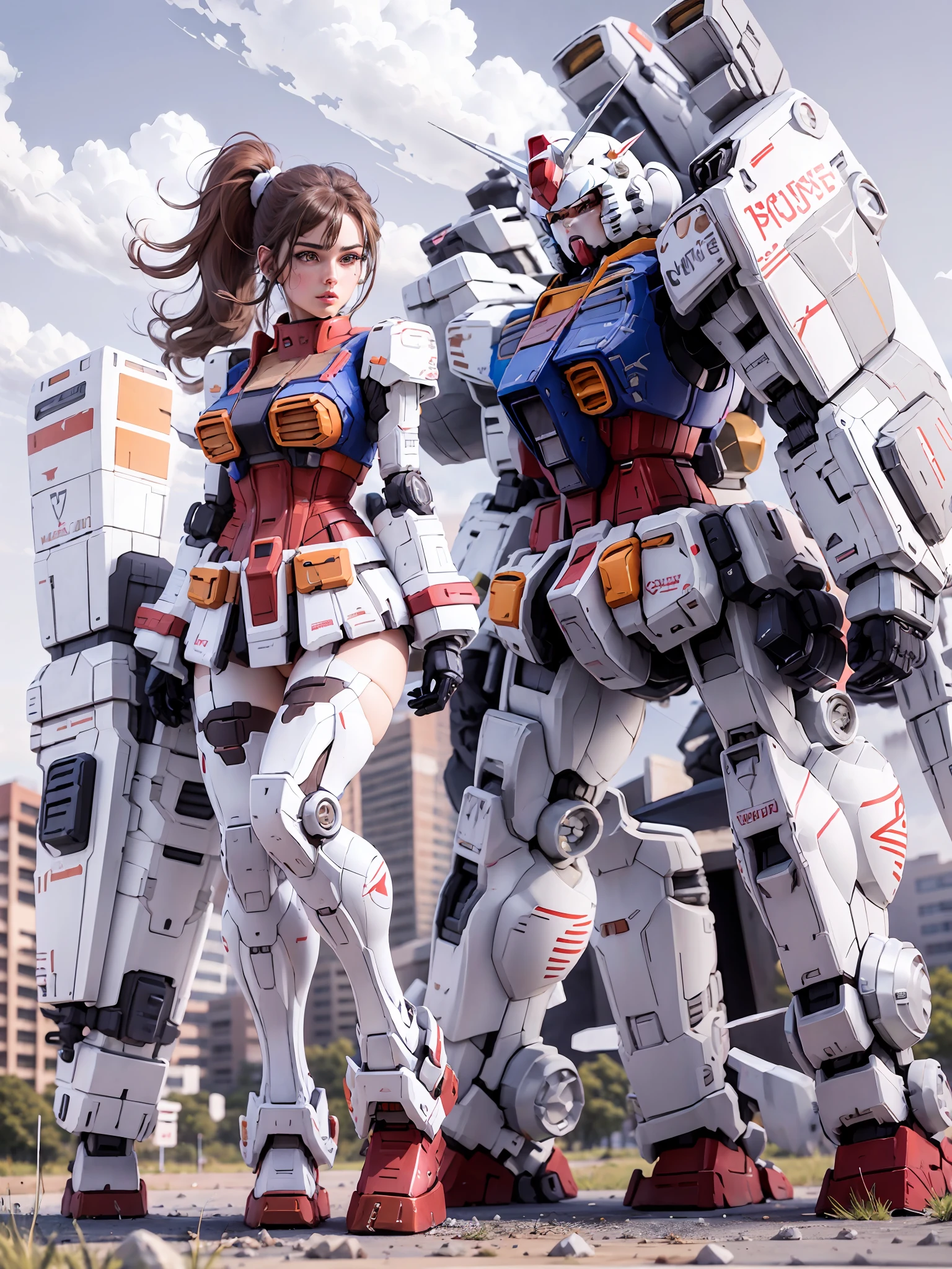 Gundam \(RX78\), Ultra High Resolution, Best Quality, Photo, 4K, (Realistic:1.4), 1 Girl, Solo, (Full Body: 1.1), Ponytail, Brunette Hair, Beautiful Face, Beautiful Eyes, Dynamic Pose, Dynamic Angle, Lake Outside the Park, Mecha Armor, Depth of Field, Motion Line, Lively Breasts, Bra Lift, Breast Slippery, Detailed Eyes, Masterpiece, Detailed Lips