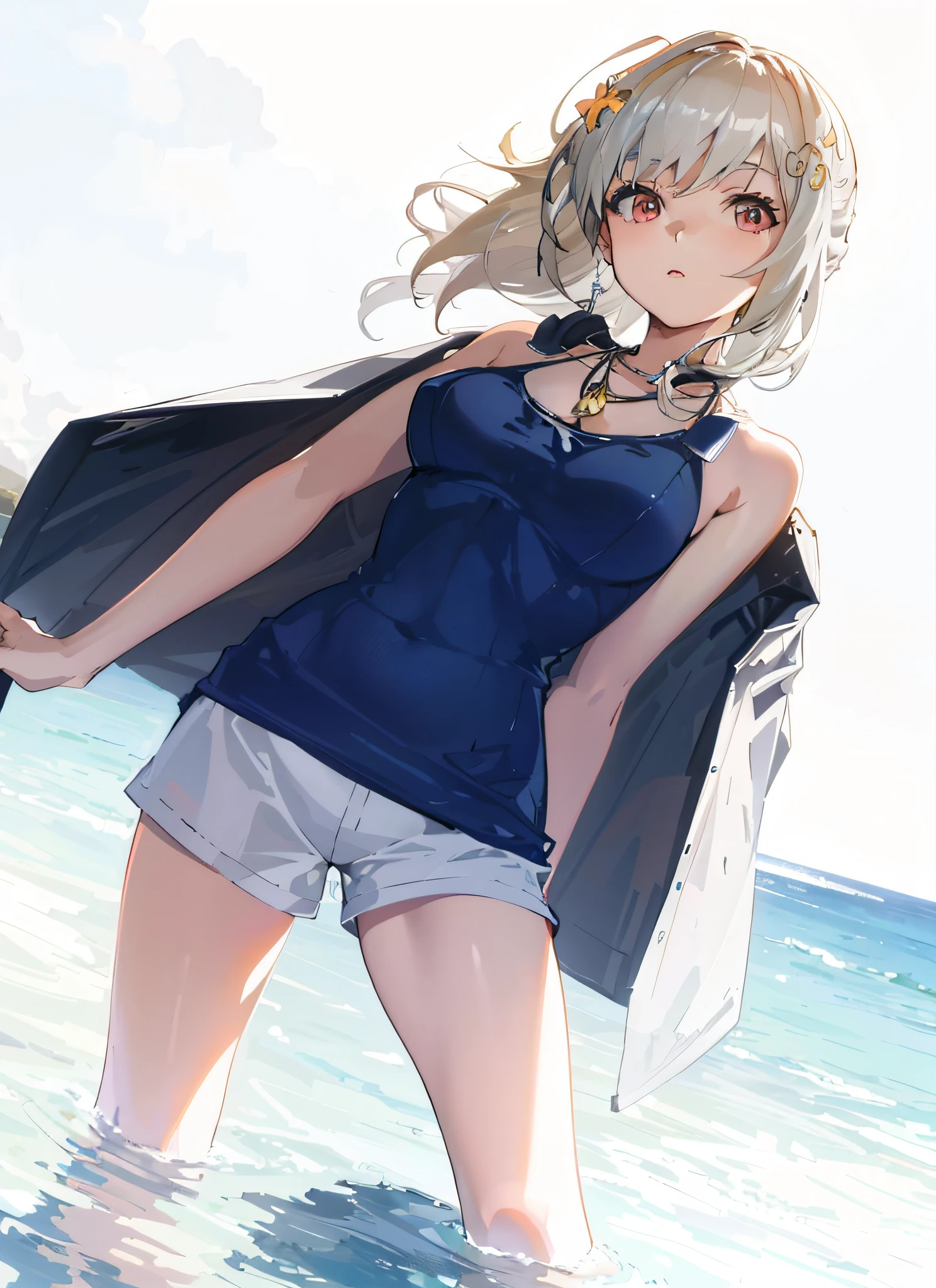 anime girl in blue tank top standing in the ocean with her arms out, kantai collection style, smooth anime cg art, in the beach, at the beach, anime best girl, at a beach, loli in dress, anime moe artstyle, standing at the beach, attractive anime girl, full body portrait of a short!, is wearing a swimsuit