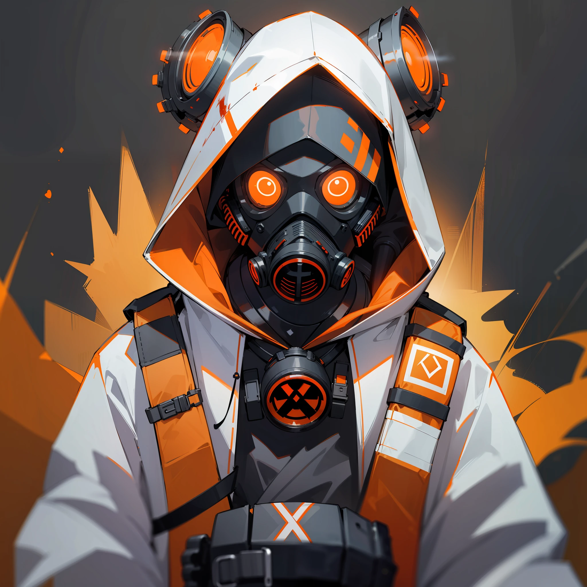 A man with gas mask with neon lights, looking at the viewer, side eye, white hood, gas mask, gas mask orange lights, X-shaped eyes, X-shaped eyes glowing orange, black gloves, white hood, bloodstained clothes, white clothes with blood, white coat, white vest --auto --s2