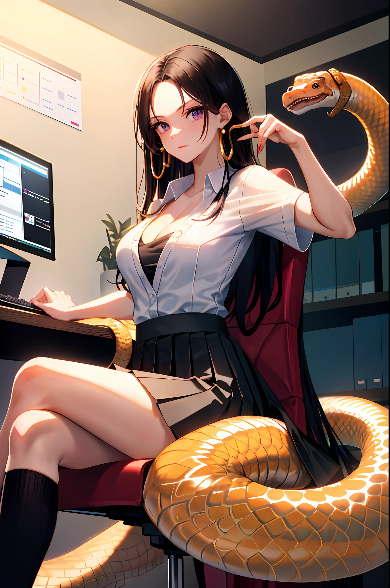 Boa hancock, 1girl, solo, ((white shirt)), black thighhighs, breasts, cleavage, uniform, office background, black skirt, pleated skirt, office, hair between eyes, large breasts, long hair, looking at viewer, black hair, red short nails, purple eyes, solo, thighhighs, thighs, very long hair, ((masterpiece)), sitting, chair, desk, computer on desk, name tag, id tag, indoor, golden snake earing, short sleeve, office shirt top,