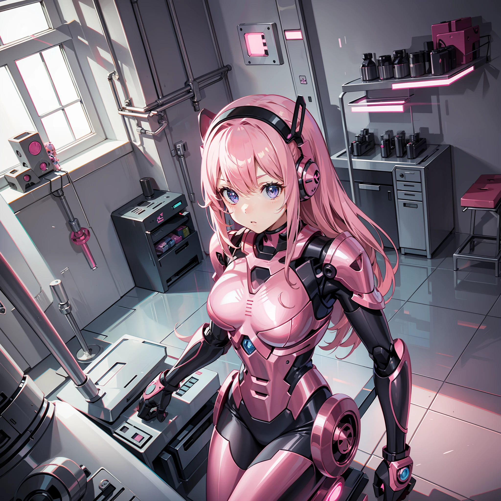 A pink robotic armor, pink robot, inside a lab, pink hair, zero two, adult woman, athletic body, iron woman