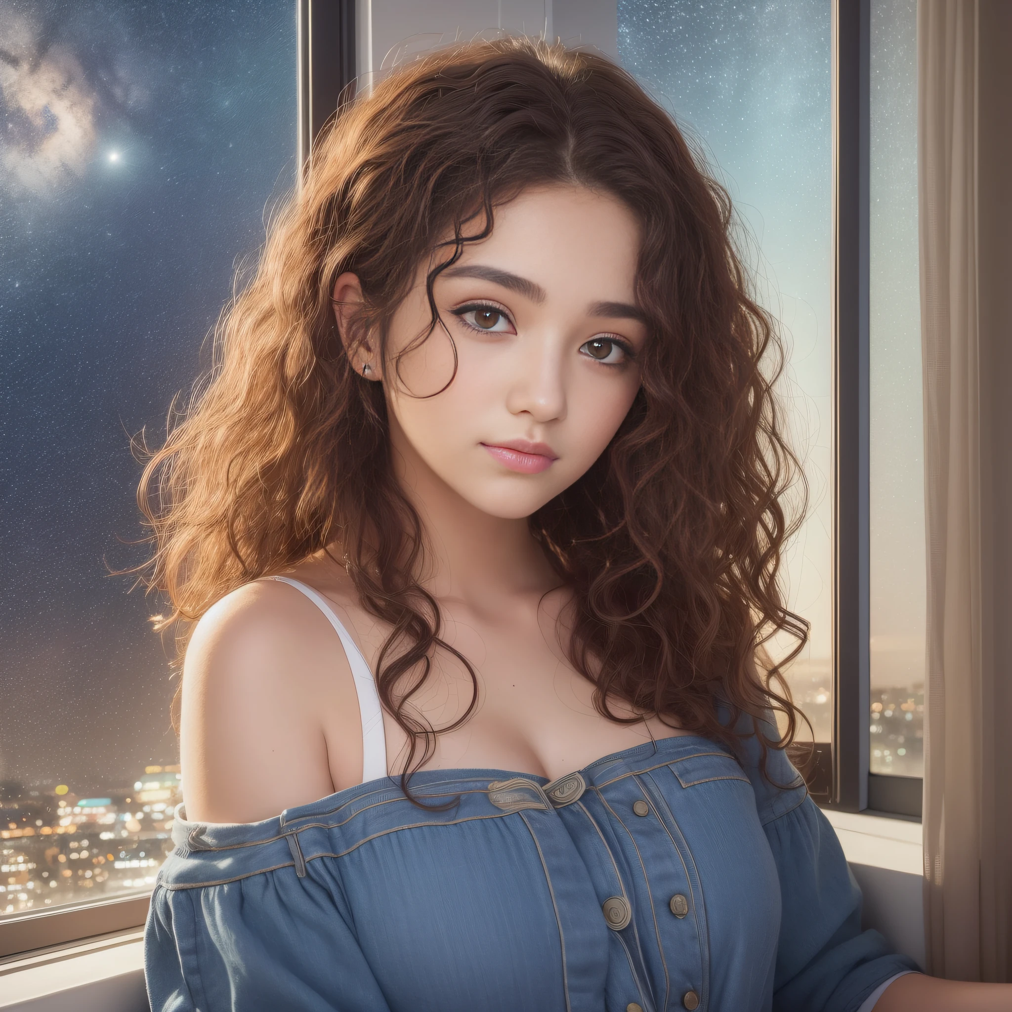 The face (features) of a beautiful young woman, 20 years old, with curly hair, leaning against a window, watching the starry night, while the stars reflect in her eyes, and the moonlight bathes her face