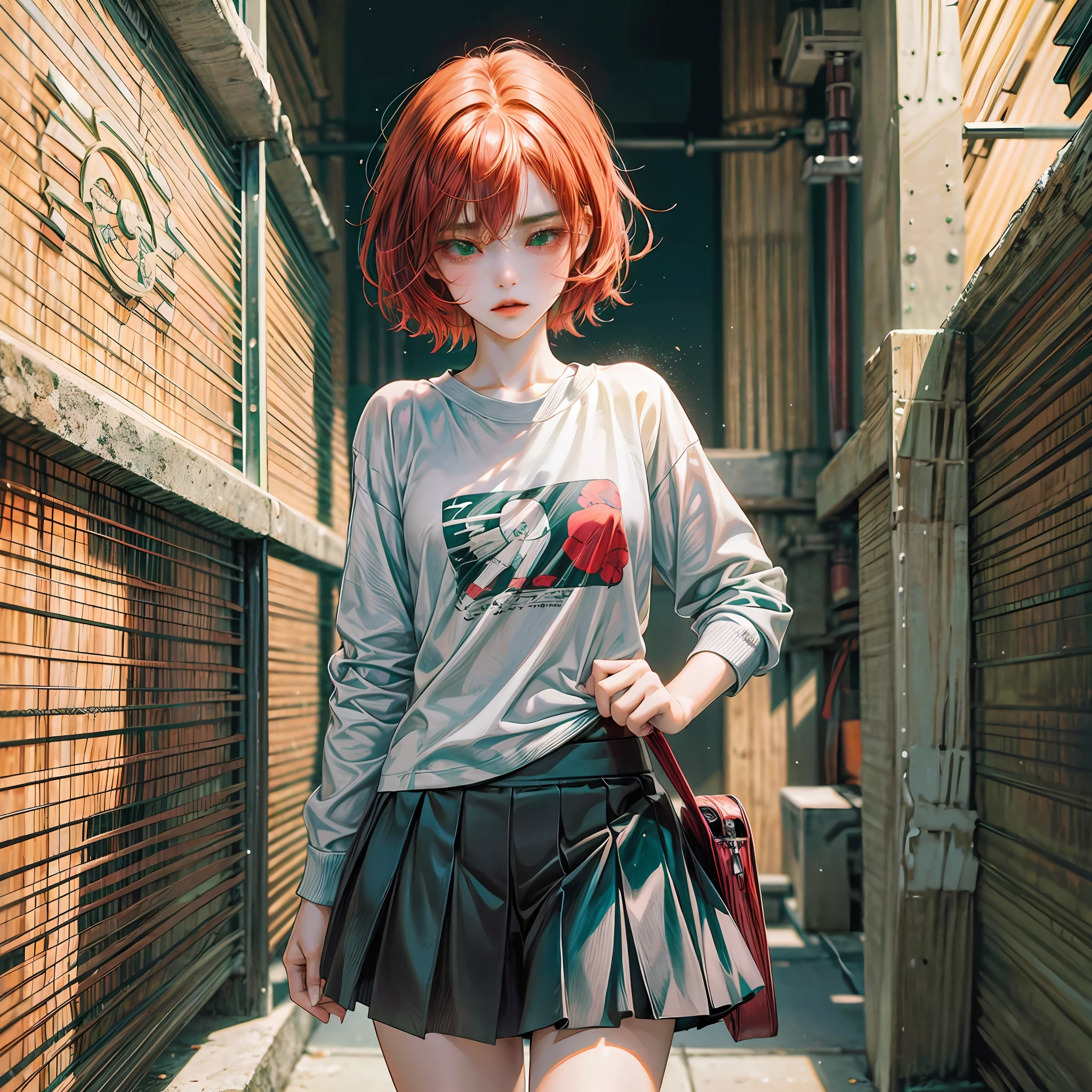 Anime character, 2D, 2D character, Comics Style character, 8k, comic, girl, thin, teenager, white, short haired, reddish red, sad expression. Her left eye is blind, her right eye is green. She wears a gray long-sleeved shirt, blue skirt, black sneakers. --auto --s2