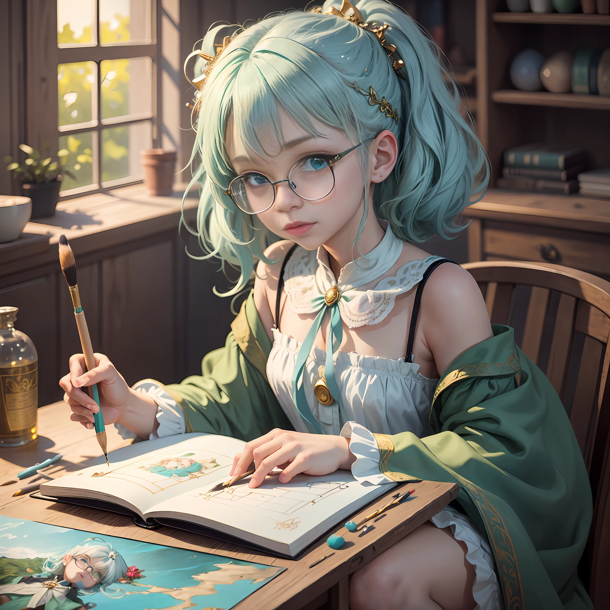 masterpiece, best quality, masterpiece, best quality, masterpiece, best quality, official art, extremely detailed CG unity 8k wallpaper, artbook, girl, green hair, sitting upright, holding a brush in her hand, drawing on the drawing paper, drawing a white-haired boy, Blue dress, turquoise eyes, gold wire glasses