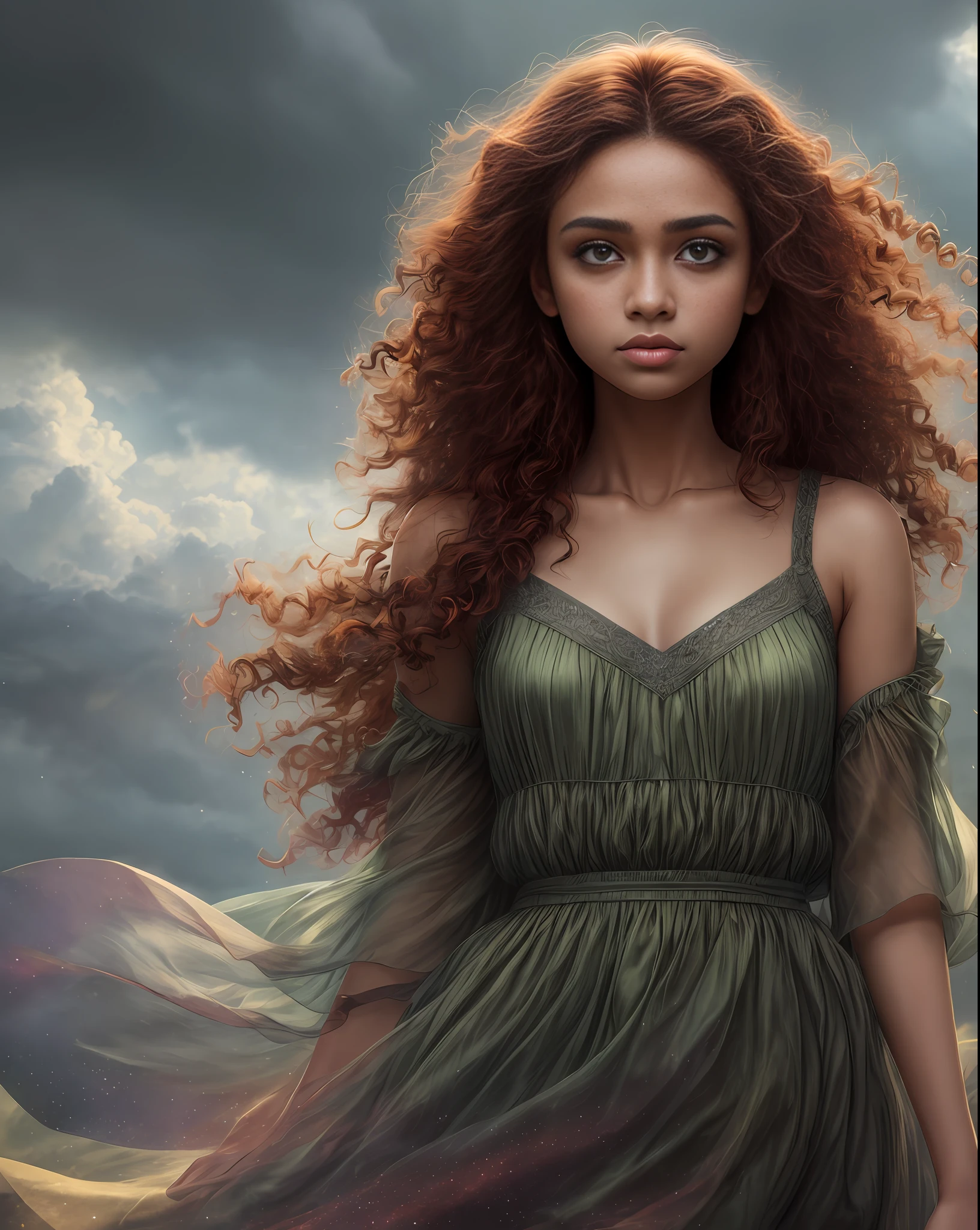 (best quality, masterpiece), young woman, pose, particle, wind, flower, upper body, simple background, looking at viewer, , catlike green eyes, curly windblown brown reddish hair, dark skin, galaxy, backlit, rimlight, stormy day beautiful artwork, perfect composition, raudha athif