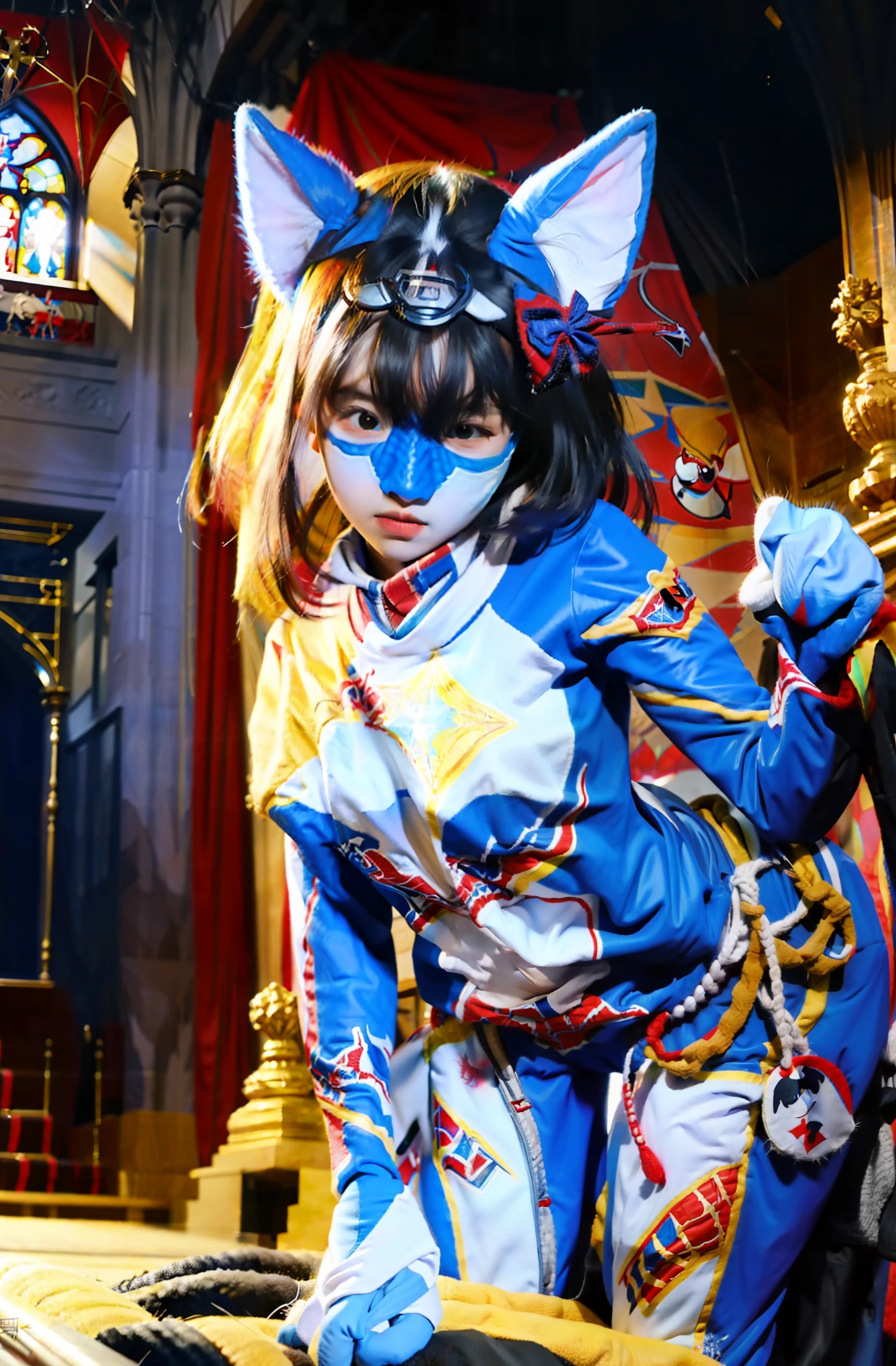 A girl, character, 4K, full body shot, real skin texture, lens flare, surrealism, wearing Spider-Man clothes, in church.