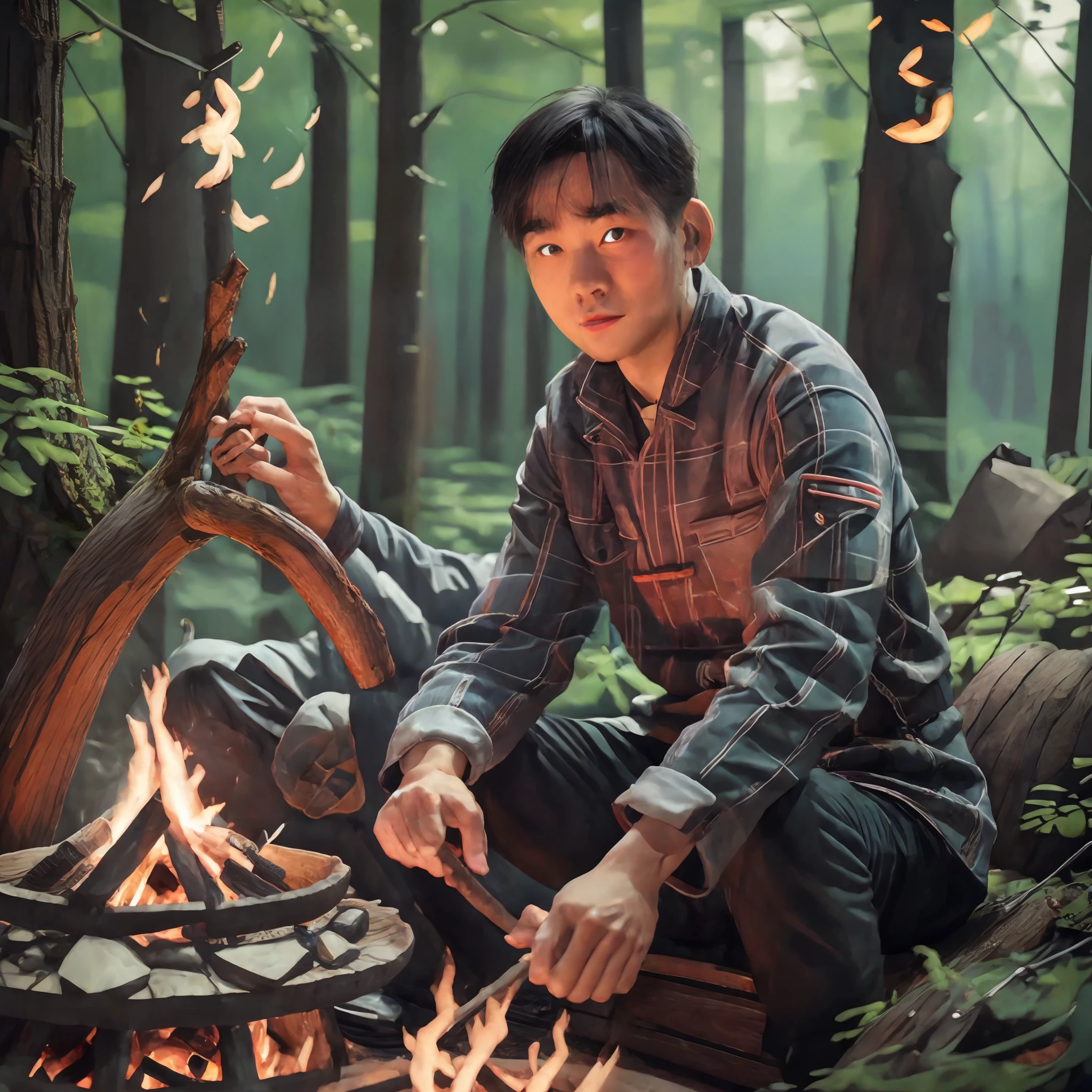 Chinese man sitting in front of a campfire in the woods, portrait of Etienne Dreiset, winner of pexels competition, digital art, 8k art portrait photography, dramatic portrait of Namenlos, portrait shooting 8k, movie portrait, film. Author: Leng Jun, Portrait Shooting, Cinematic Portrait, Environmental Portrait, Dramatic Cinematic Portrait