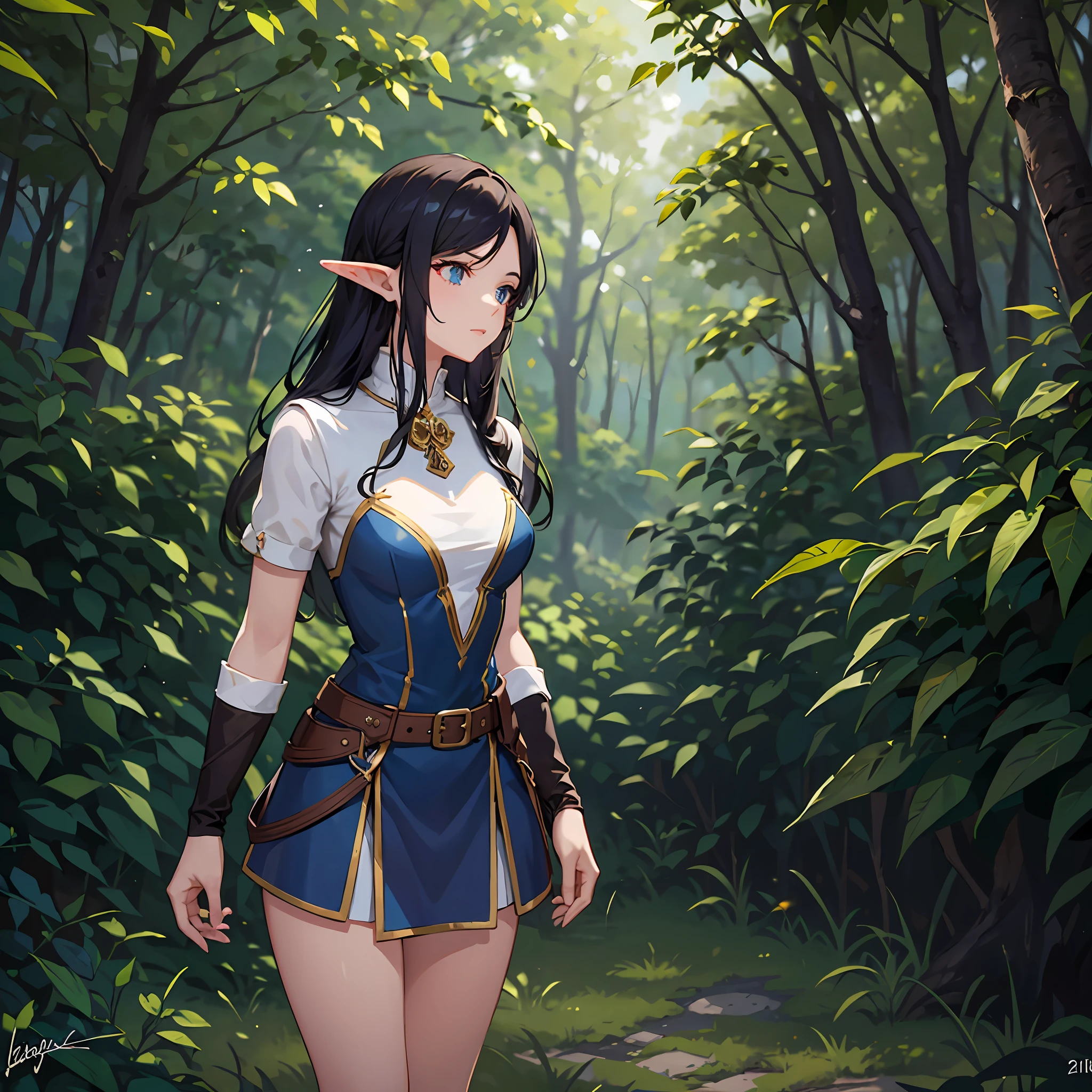 Elf, short medieval dress, a woman, in the forest near a lake, athletic body, black hair