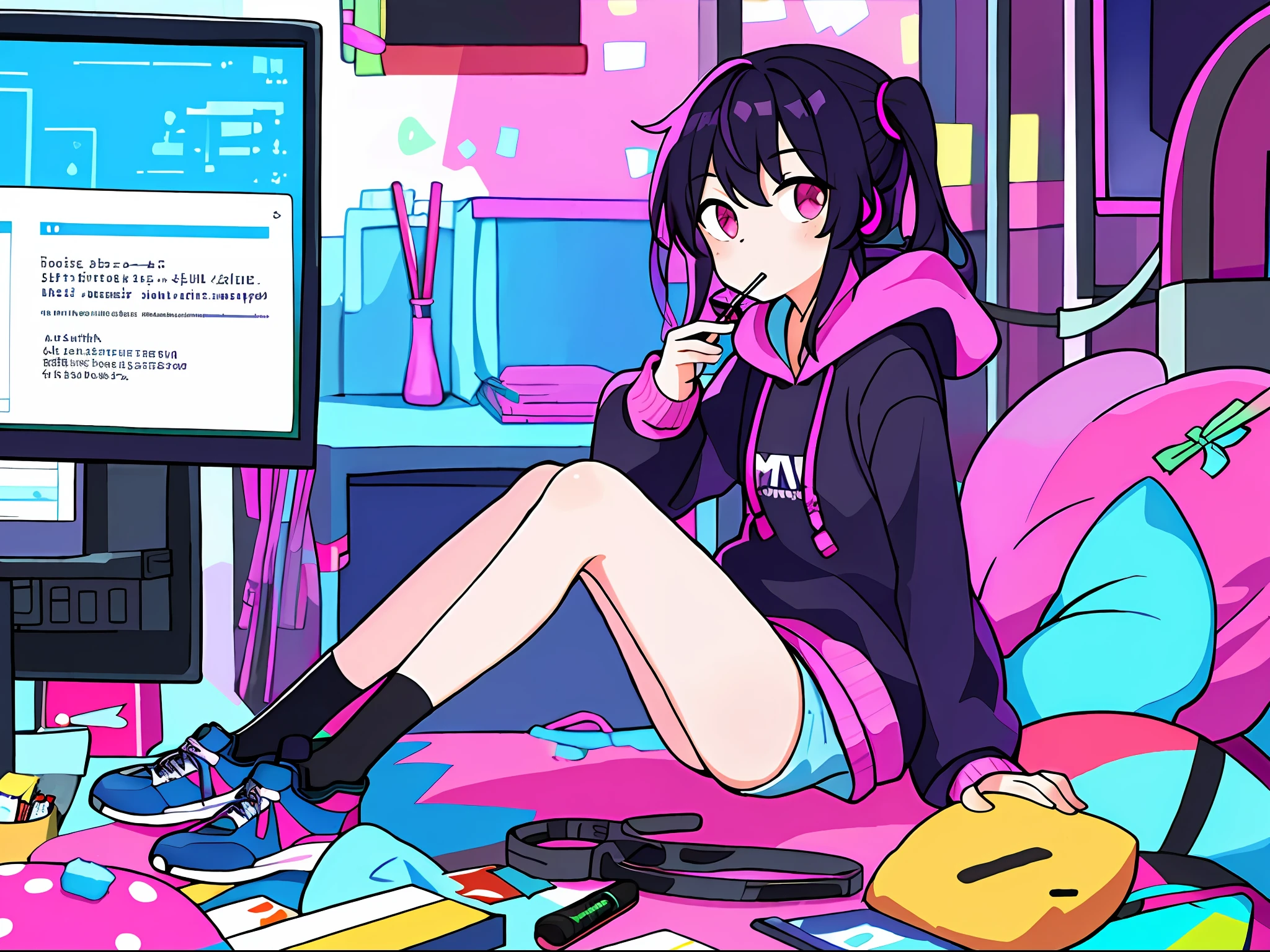 ((masterpiece)), ((best quality)), ((high res)), 1girl, solo, incredibly absurdres, hoodie, headphones, neon lighting, blowing bubble gum in mouth, hood up, side view, (full body), matching socks, matching sneakers, pink and black hair, working in her laptop computer, sitting, bean bag cushion seat, widescreen tv monitor, munching on snacks, basement, japanese pocky snacks, cluttered room,
