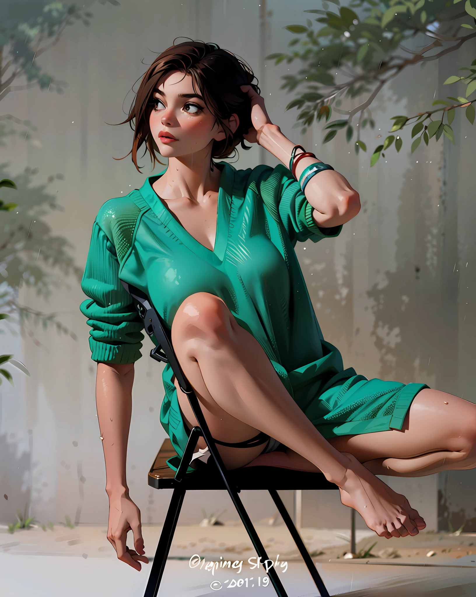 a hyper-realistic portrait of a young woman, half asleep, under a tree, inside a forest, lots of rain, in the middle of nature, 22 years old, realistic, (lying on her side), she is wearing a red panties, (wearing minimal dress), sexy, (huge breasts 2:1), wet clothing, short brown hair, (hair tied with bows), curved, SFW