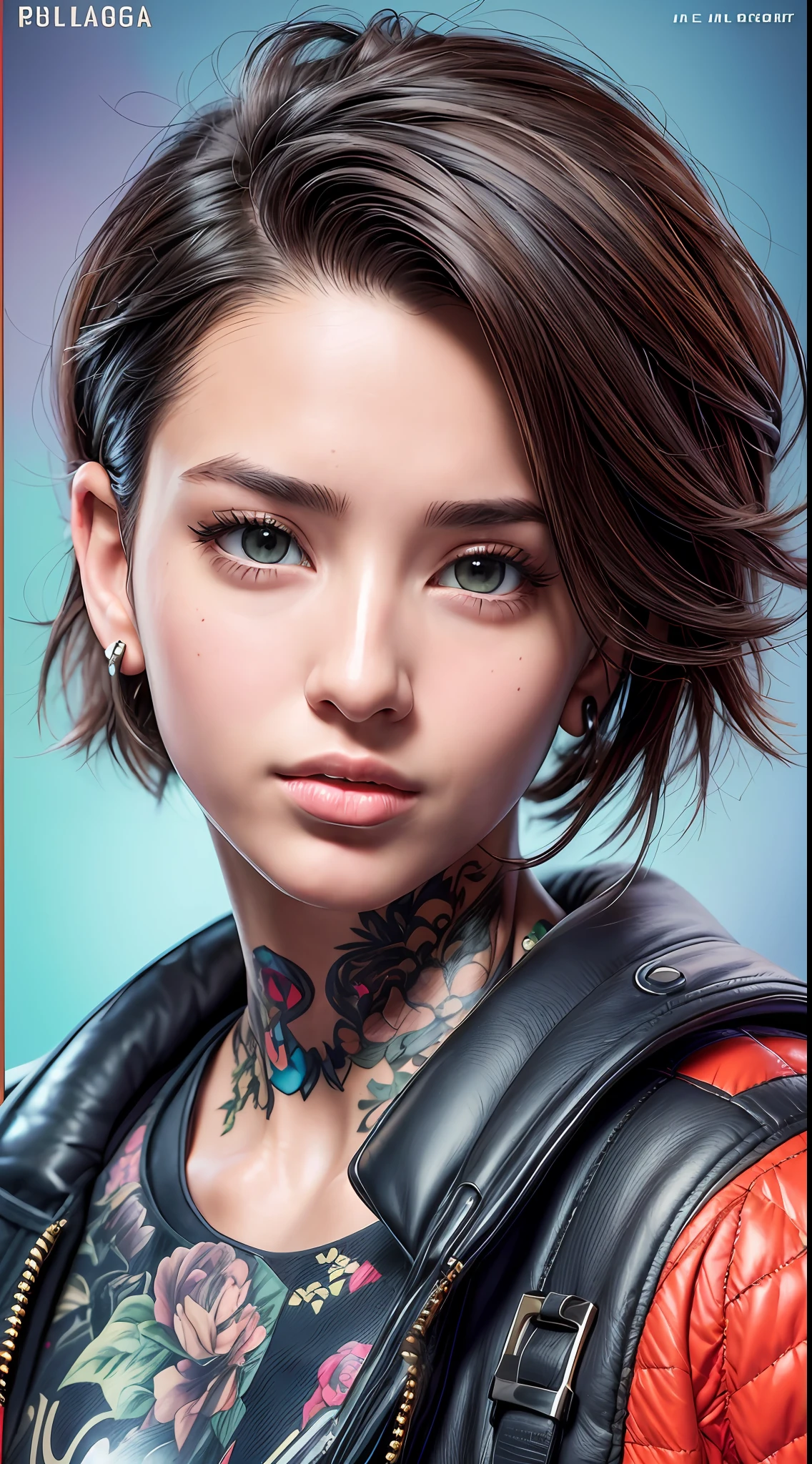 magazine cover,realistic,photo,35mm,cinematic(1woman with super puffer balenciaga jacket with short hair,neck tattoos)colorful background graphite,ultra sharp