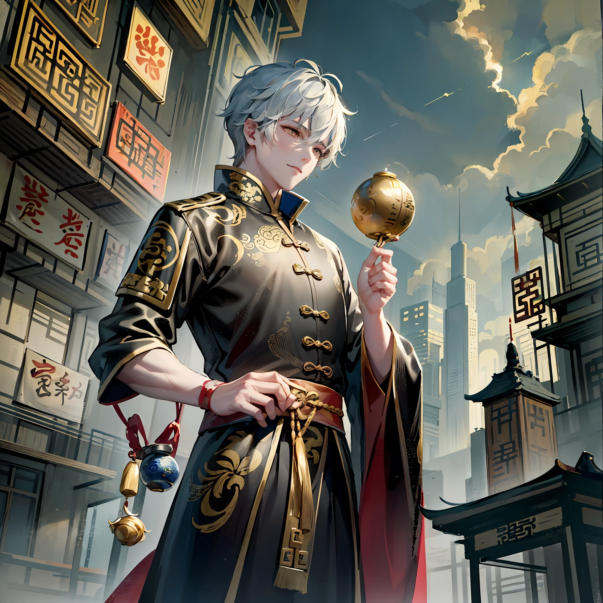 Chinese Style, Chinese Mythology, Chinese New Year Painting, 1boy, Immortals, Ancient Costumes, Golden Lightning, Rolling Clouds, Thunder and Lightning, Flying in the Air, Ink Painting, Cyberpunk, Science Fiction Style --auto --s2