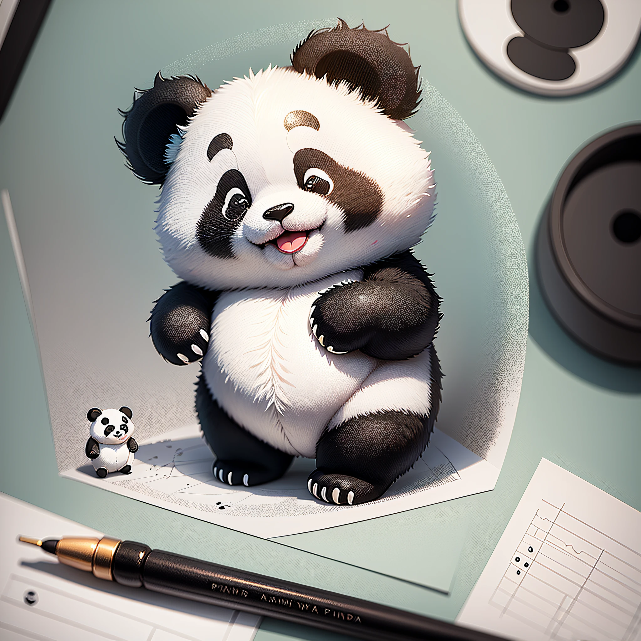 Black and white panda bear drawing, a cute giant panda, cartoon image, stick figure, big head, small body, like laughter, plush texture, 4k --auto --s2